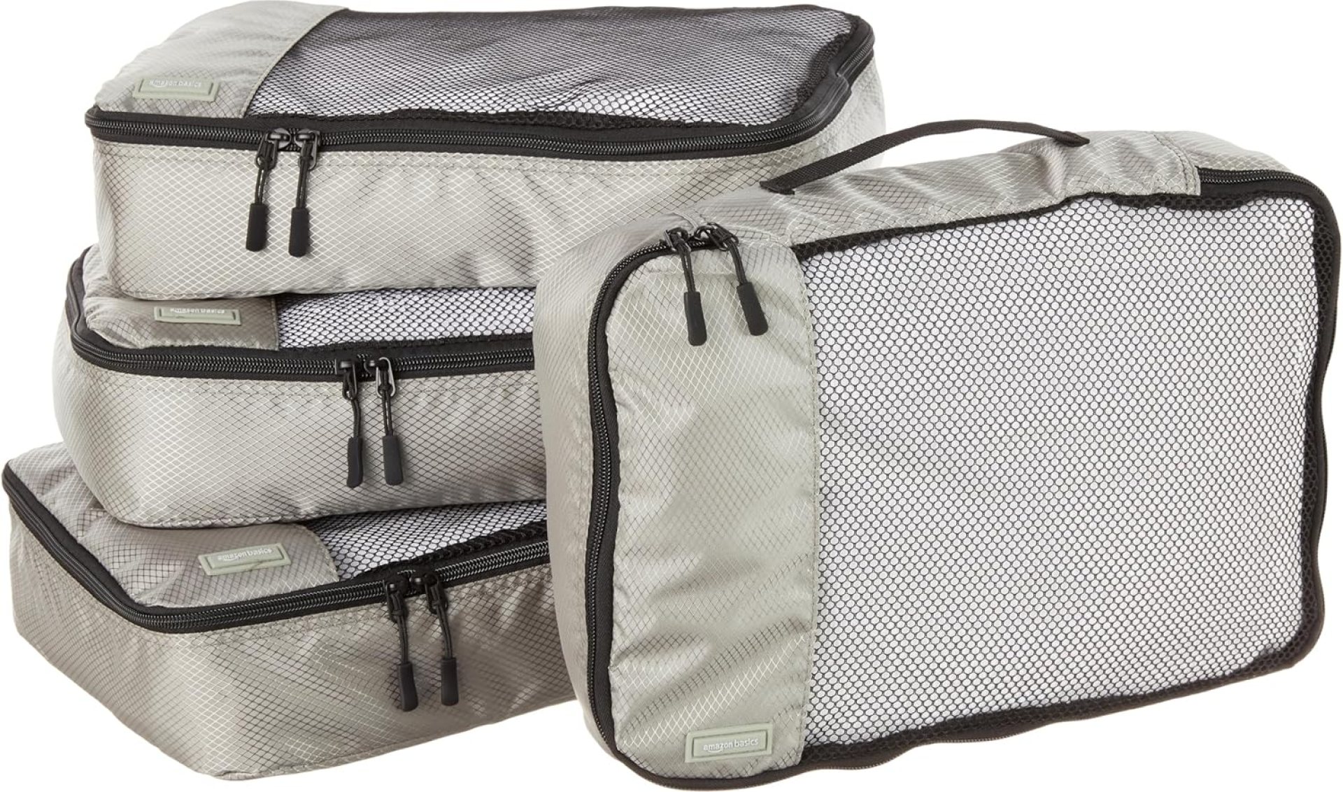 Amazon Basics Medium Packing Cubes for Travel, Packing Organizers, 4-Piece-Set With Double Zipper Pulls and Mesh Top Panel, 100% Durable Polyester, Gray, 13.8″L x 9.8″W x 3″H Amazon Basics Medium Packing Cubes for Travel, Packing Organizers, 4-Piece-Set With Double Zipper Pulls and Mesh Top Panel, 100% Durable Polyester, Gray, 13.8″L x 9.8″W x 3″H