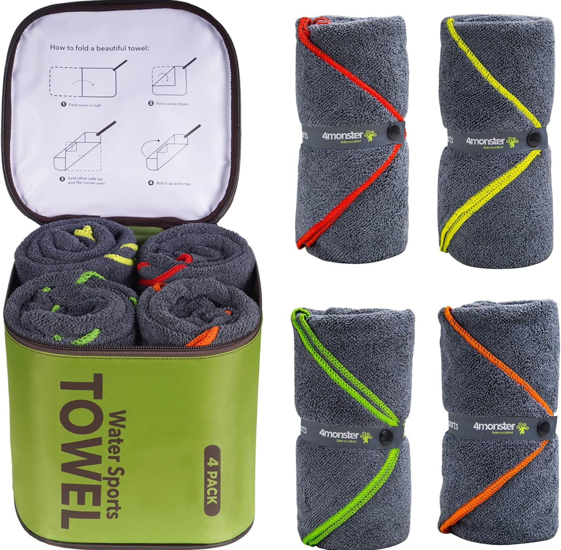 4Monster 4 Pack Microfiber Camping Towel Quick Dry, Super Absorbent Travel Towel with Waterproof Bag, Lightweight Boat Towel for RV, Sport, Gym, Beach, Pool, Swim,Family Trip 4Monster 4 Pack Microfiber Camping Towel Quick Dry, Super Absorbent Travel Towel with Waterproof Bag, Lightweight Boat Towel for RV, Sport, Gym, Beach, Pool, Swim,Family Trip