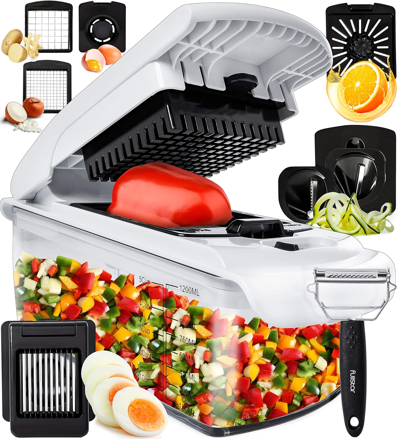 Fullstar Vegetable Chopper – Food Chopper – Onion Chopper – Vegetable Slicer & Spiralizer – Veggie Chopper with Container – Kitchen Gadgets – Home Essentials – Kitchen Accessories (9 in 1, White) Fullstar Vegetable Chopper – Food Chopper – Onion Chopper – Vegetable Slicer & Spiralizer – Veggie Chopper with Container – Kitchen Gadgets – Home Essentials – Kitchen Accessories (9 in 1, White)