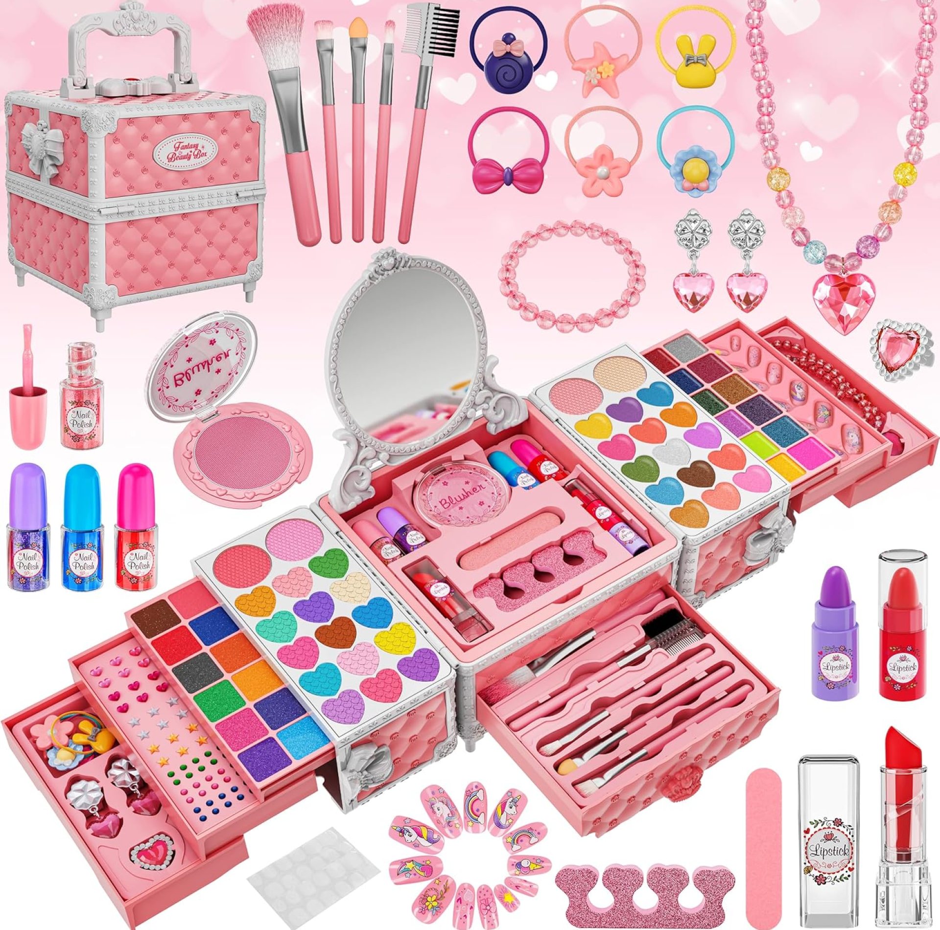 99 Pcs Kids Makeup Kit for Girls, Princess Toys Real Washable Cosmetics Set with Mirror, Hair Ties, Nails, Rings, Earrings, Necklace, Perfect for 3 4 5 6 7 8 Year Old Girls Birthday 99 Pcs Kids Makeup Kit for Girls, Princess Toys Real Washable Cosmetics Set with Mirror, Hair Ties, Nails, Rings, Earrings, Necklace, Perfect for 3 4 5 6 7 8 Year Old Girls Birthday