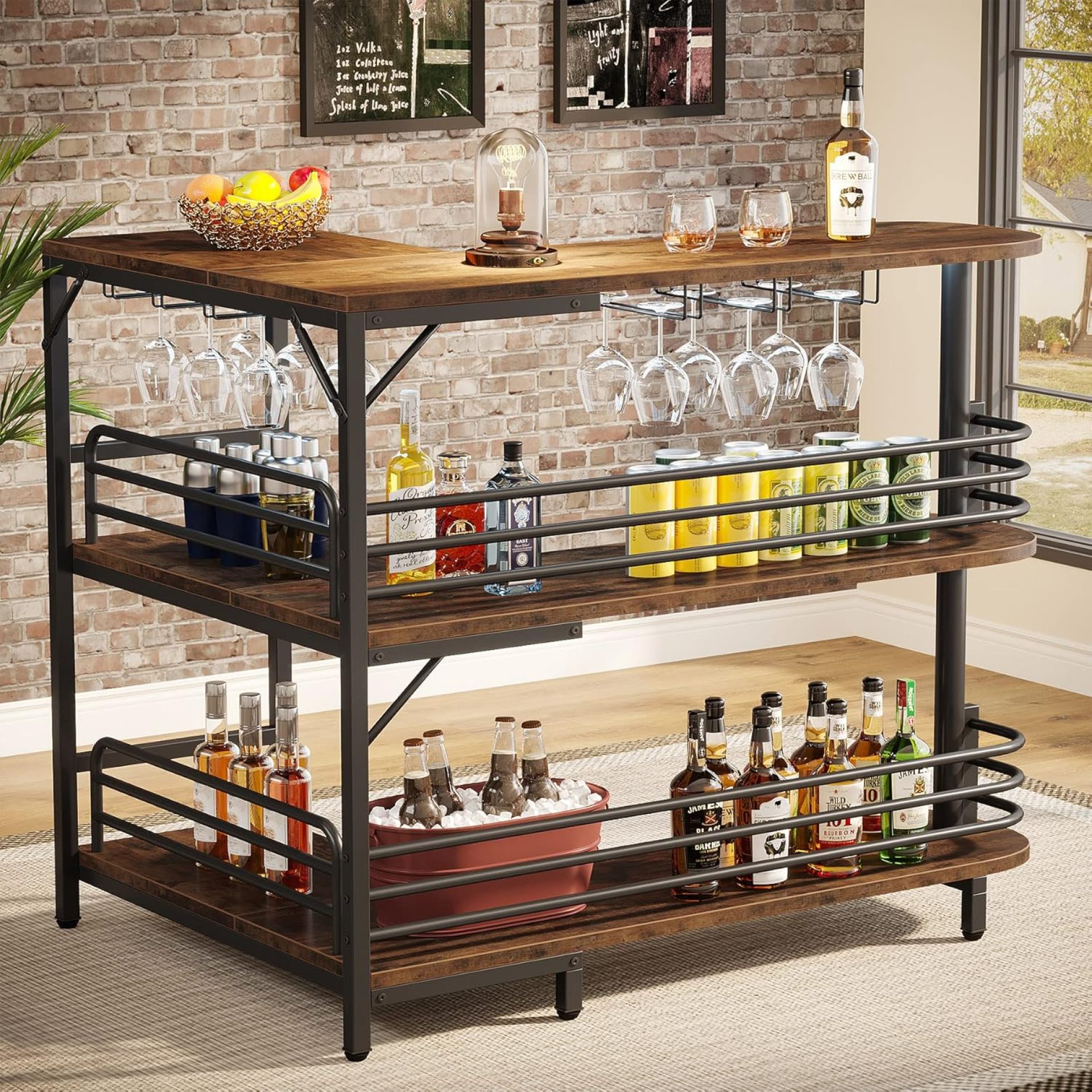 Tribesigns L-Shaped Home Bar Unit, 3 Tier Liquor Bar Table with Storage Shelves and Wine Glasses Holder, Industrial Corner Wine Bar Cabinet Mini Bars for Home Kitchen Pub, Rustic Brown Tribesigns L-Shaped Home Bar Unit, 3 Tier Liquor Bar Table with Storage Shelves and Wine Glasses Holder, Industrial Corner Wine Bar Cabinet Mini Bars for Home Kitchen Pub, Rustic Brown