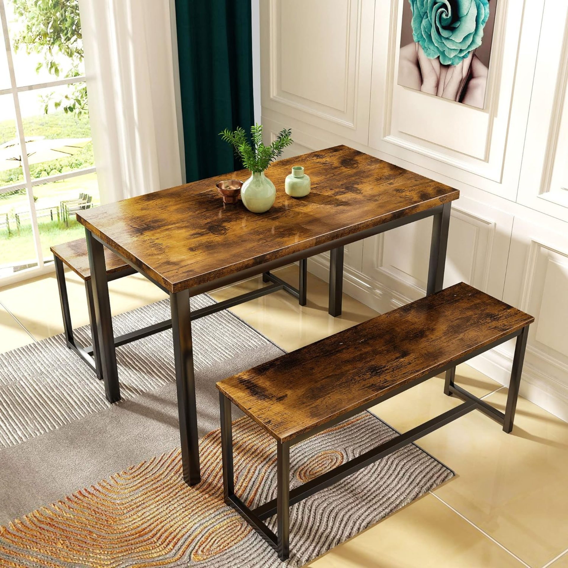 AWQM Dining Room Table Set, Kitchen Table Set with 2 Benches, Ideal for Home, Kitchen and Dining Room, Breakfast Table of 43.3×23.6×28.5 inches, Benches of 38.5×11.8×17.5 inches, Rustic Brown AWQM Dining Room Table Set, Kitchen Table Set with 2 Benches, Ideal for Home, Kitchen and Dining Room, Breakfast Table of 43.3×23.6×28.5 inches, Benches of 38.5×11.8×17.5 inches, Rustic Brown