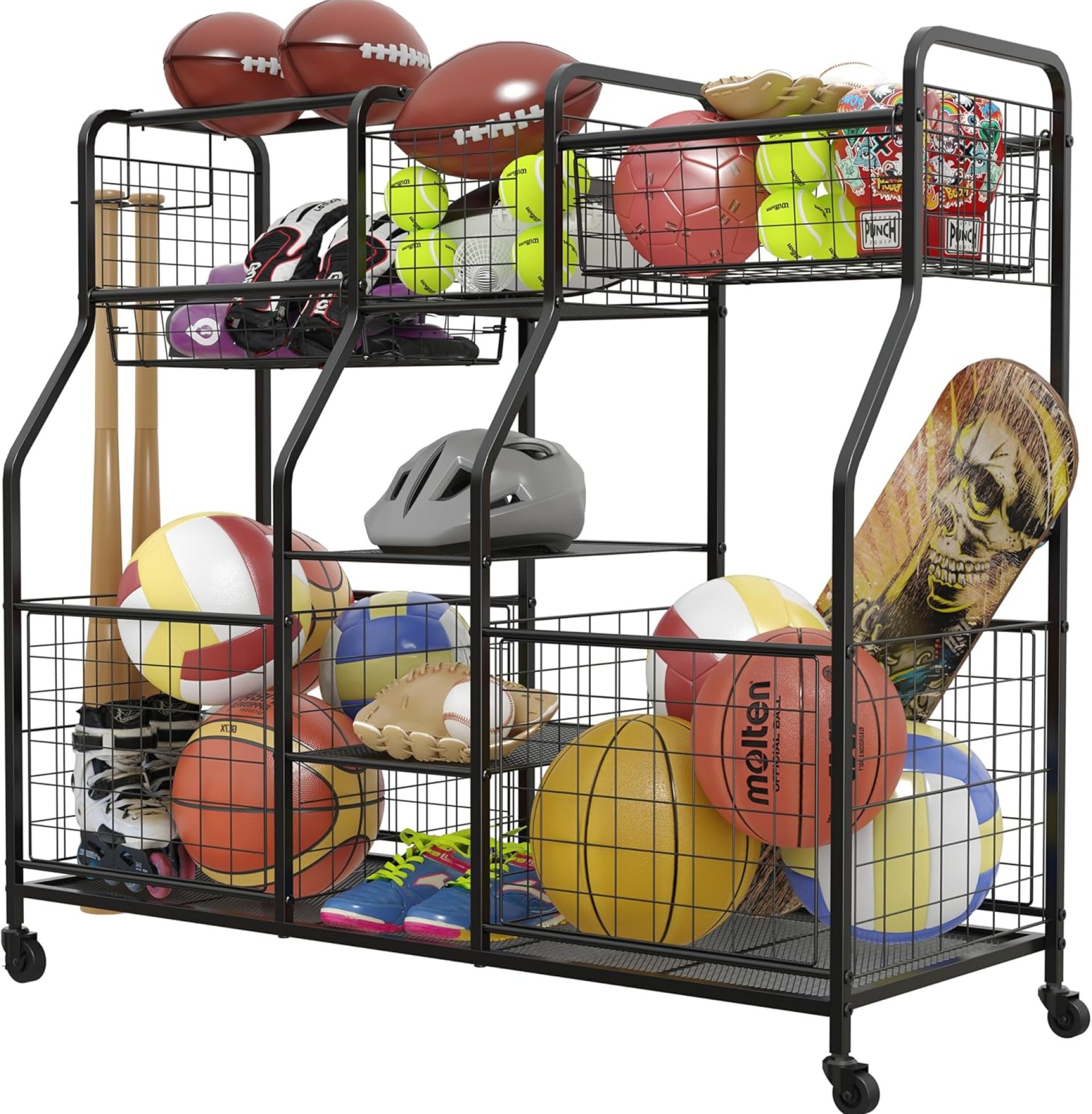 Garage Sports Equipment Organizer, Ball Storage Rack, Garage Organizer System, Indoor/Outdoor Sports Rack, Sports Gear Storage Rack for Basketballs Footballs Volleyball, Black Garage Sports Equipment Organizer, Ball Storage Rack, Garage Organizer System, Indoor/Outdoor Sports Rack, Sports Gear Storage Rack for Basketballs Footballs Volleyball, Black
