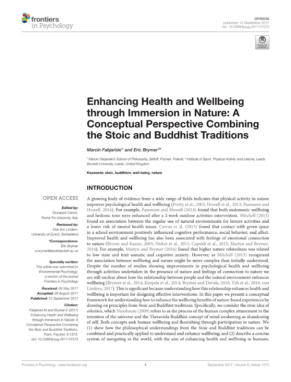 Enhancing Health and Wellbeing Through Immersion in Nature: A Conceptual Perspective Combining the Stoic and Buddhist Traditions Enhancing Health and Wellbeing Through Immersion in Nature: A Conceptual Perspective Combining the Stoic and Buddhist Traditions