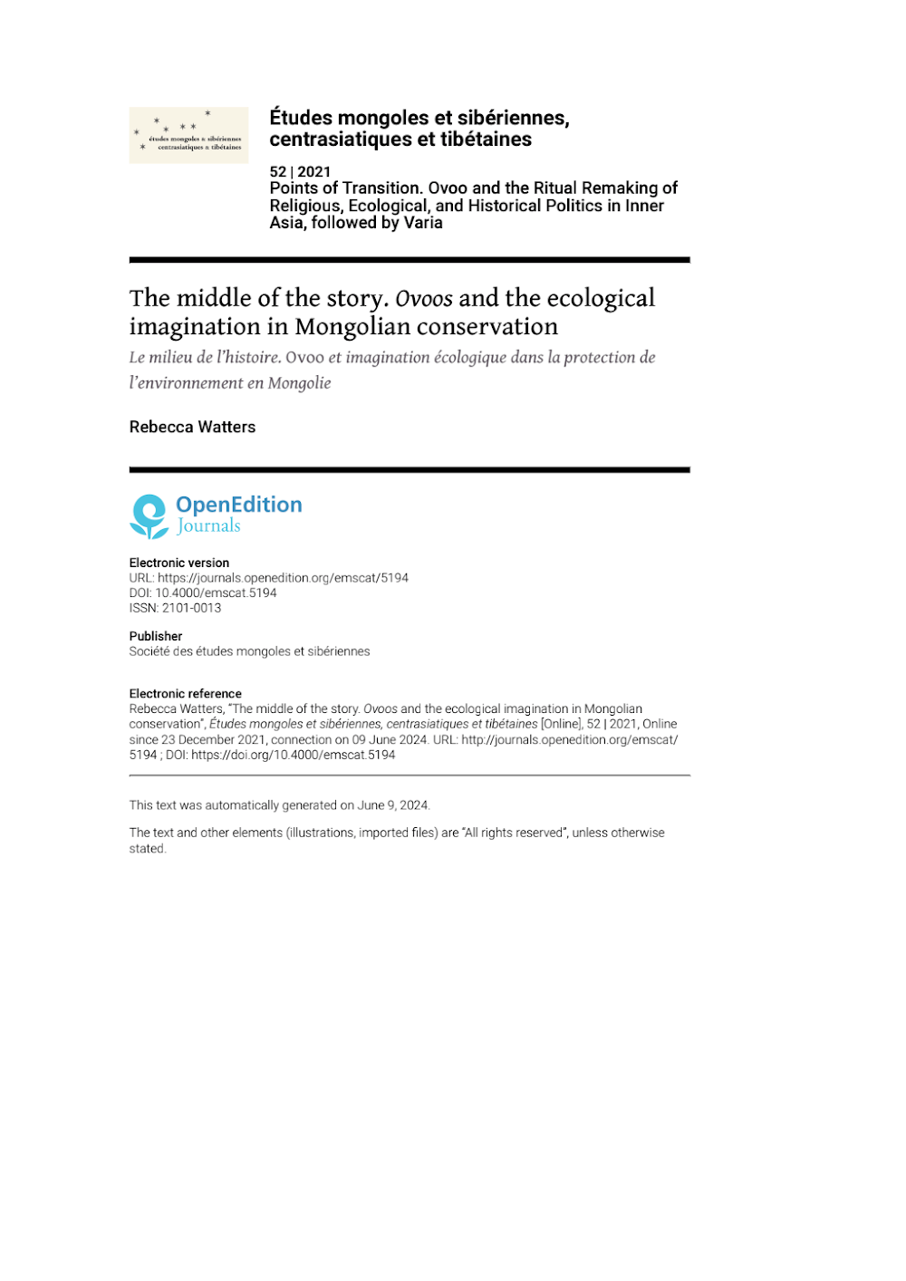 The Middle of the Story: Ovoos and the Ecological Imagination in Mongolian Conservation The Middle of the Story: Ovoos and the Ecological Imagination in Mongolian Conservation