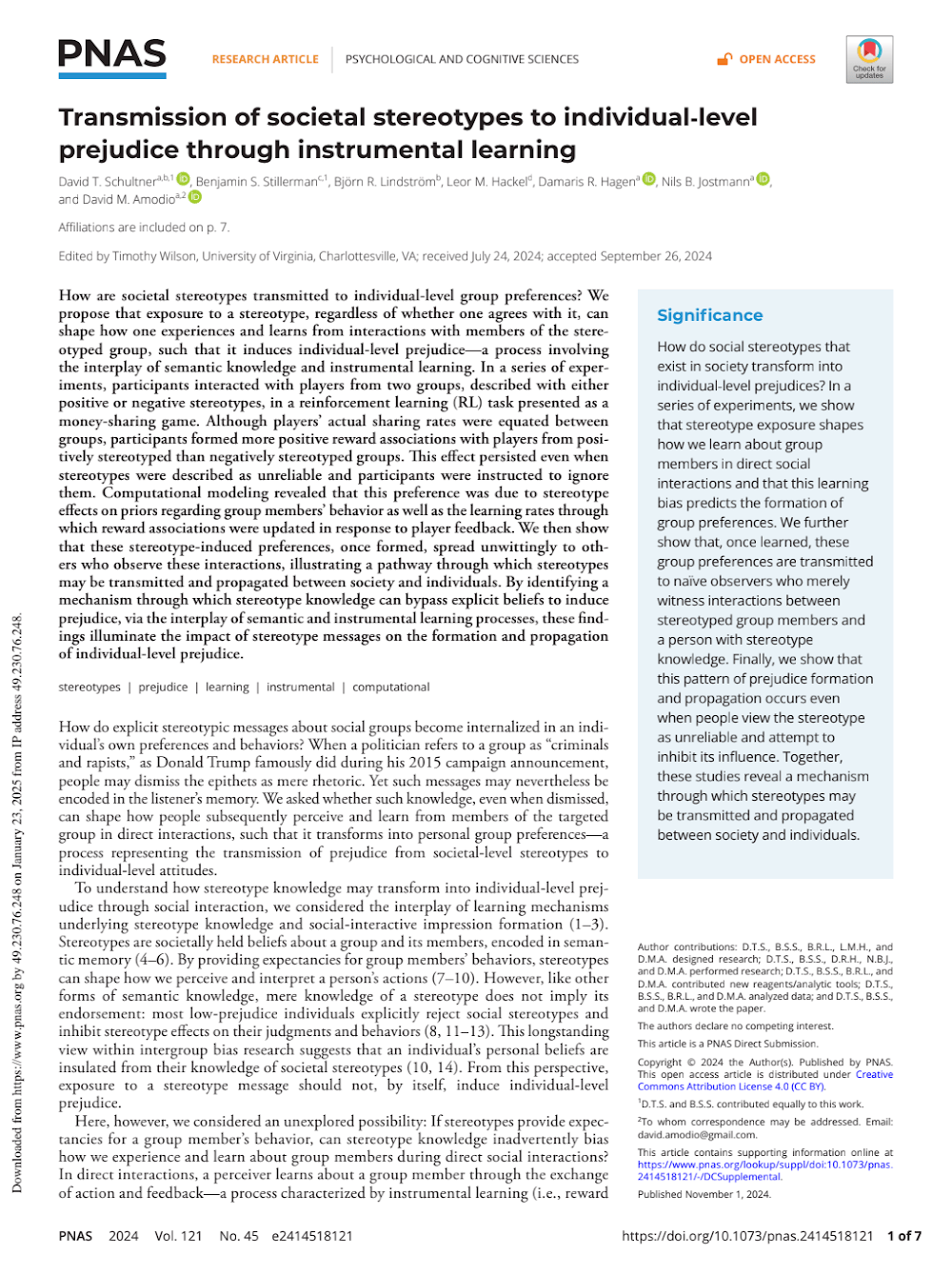 Transmission of Societal Stereotypes to Individual-Level Prejudice Through Instrumental Learning Transmission of Societal Stereotypes to Individual-Level Prejudice Through Instrumental Learning