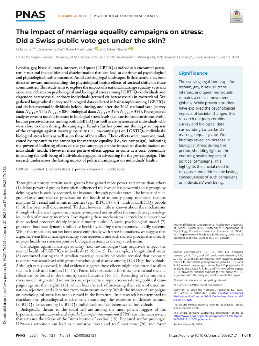 The Impact of Marriage Equality Campaigns on Stress: Did a Swiss Public Vote Get Under the Skin? The Impact of Marriage Equality Campaigns on Stress: Did a Swiss Public Vote Get Under the Skin?