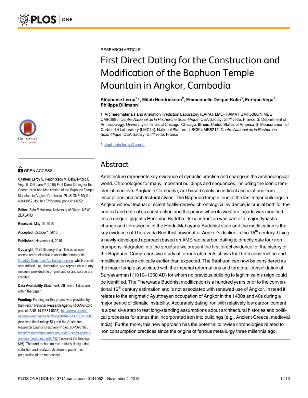 First Direct Dating for the Construction and Modification of the Baphuon Temple Mountain in Angkor, Cambodia First Direct Dating for the Construction and Modification of the Baphuon Temple Mountain in Angkor, Cambodia