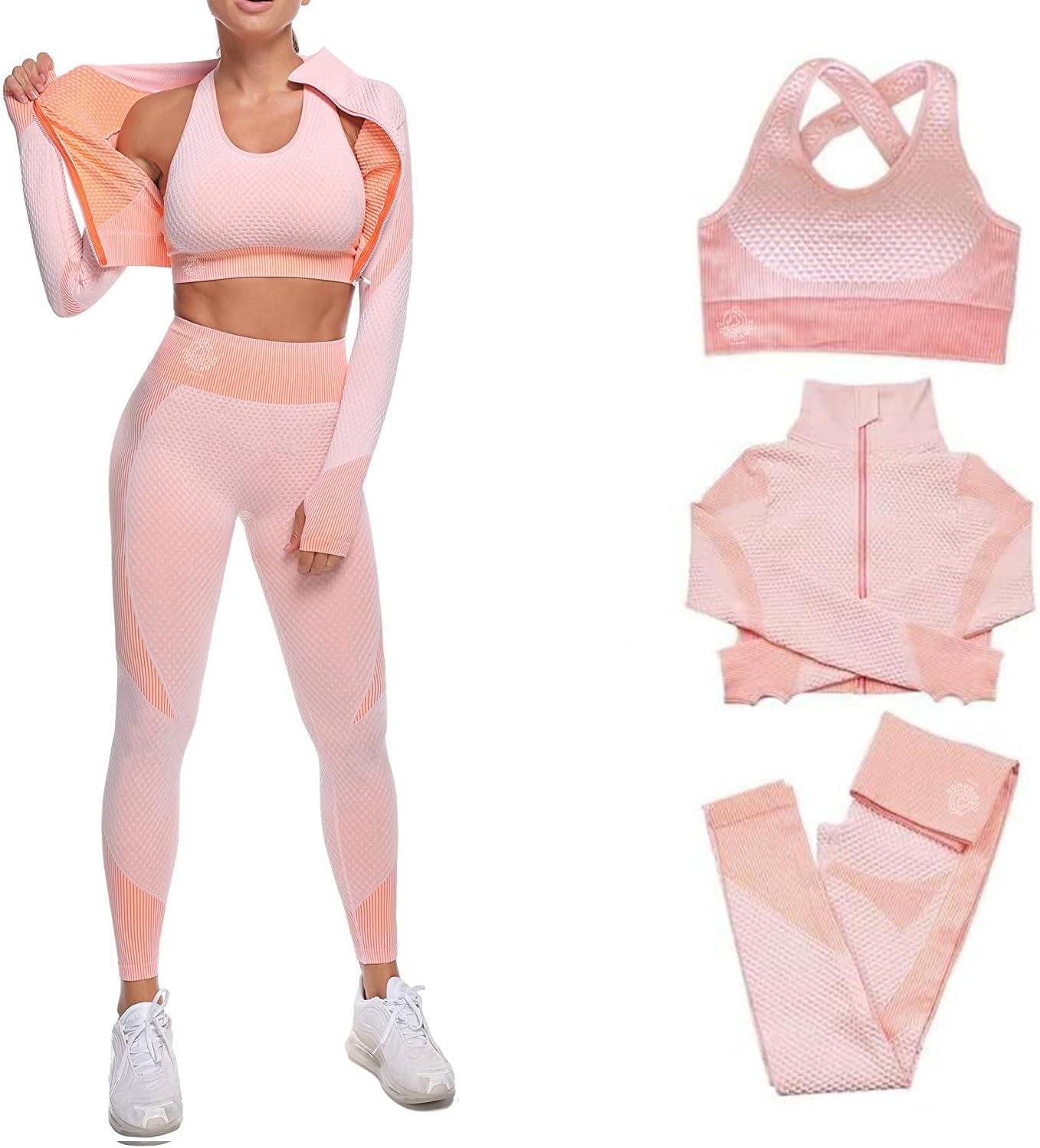 Women’s 3 PC Seamless Gym Clothing Workout Outfit with Jacket Bra & Leggings Set Women’s 3 PC Seamless Gym Clothing Workout Outfit with Jacket Bra & Leggings Set