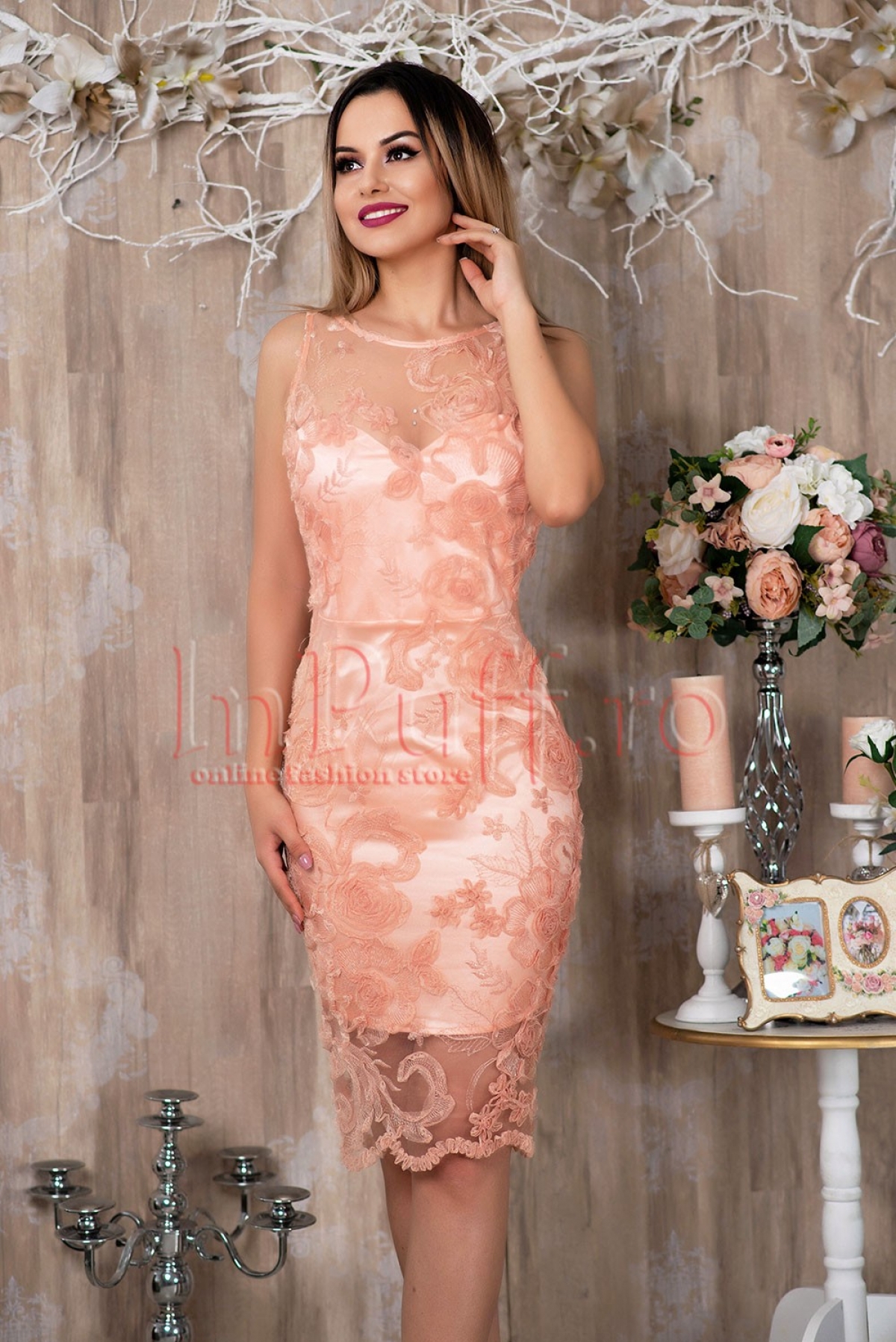Rochie midi din dantelă 3D pretty girl în nuanță rose – InPuff Rochie midi din dantelă 3D pretty girl în nuanță rose – InPuff