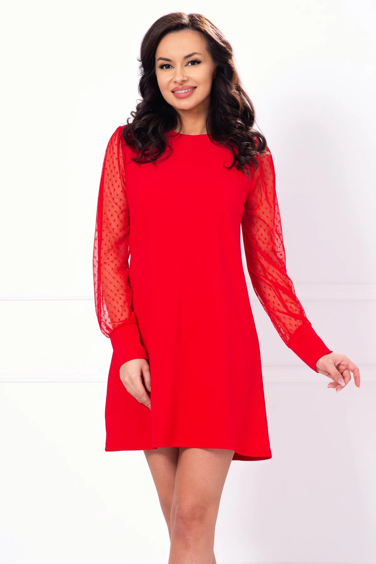 Rochie lejeră roșie cu mâneci din tulle cu buline – InPuff Rochie lejeră roșie cu mâneci din tulle cu buline – InPuff