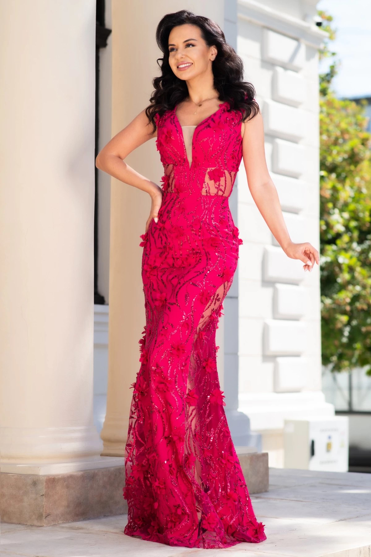 Rochie lungă zmeură sirena alejandra cu glitter și flori 3D – InPuff Rochie lungă zmeură sirena alejandra cu glitter și flori 3D – InPuff