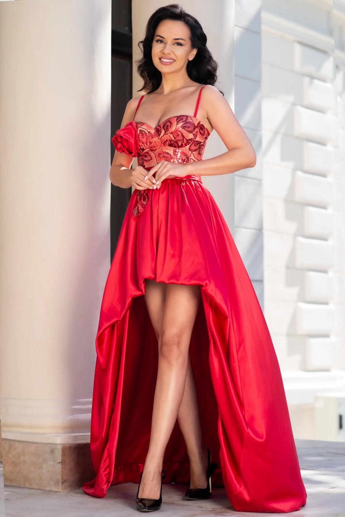 Rochie elegantă roșie myrela asimetrică din tafta – InPuff Rochie elegantă roșie myrela asimetrică din tafta – InPuff