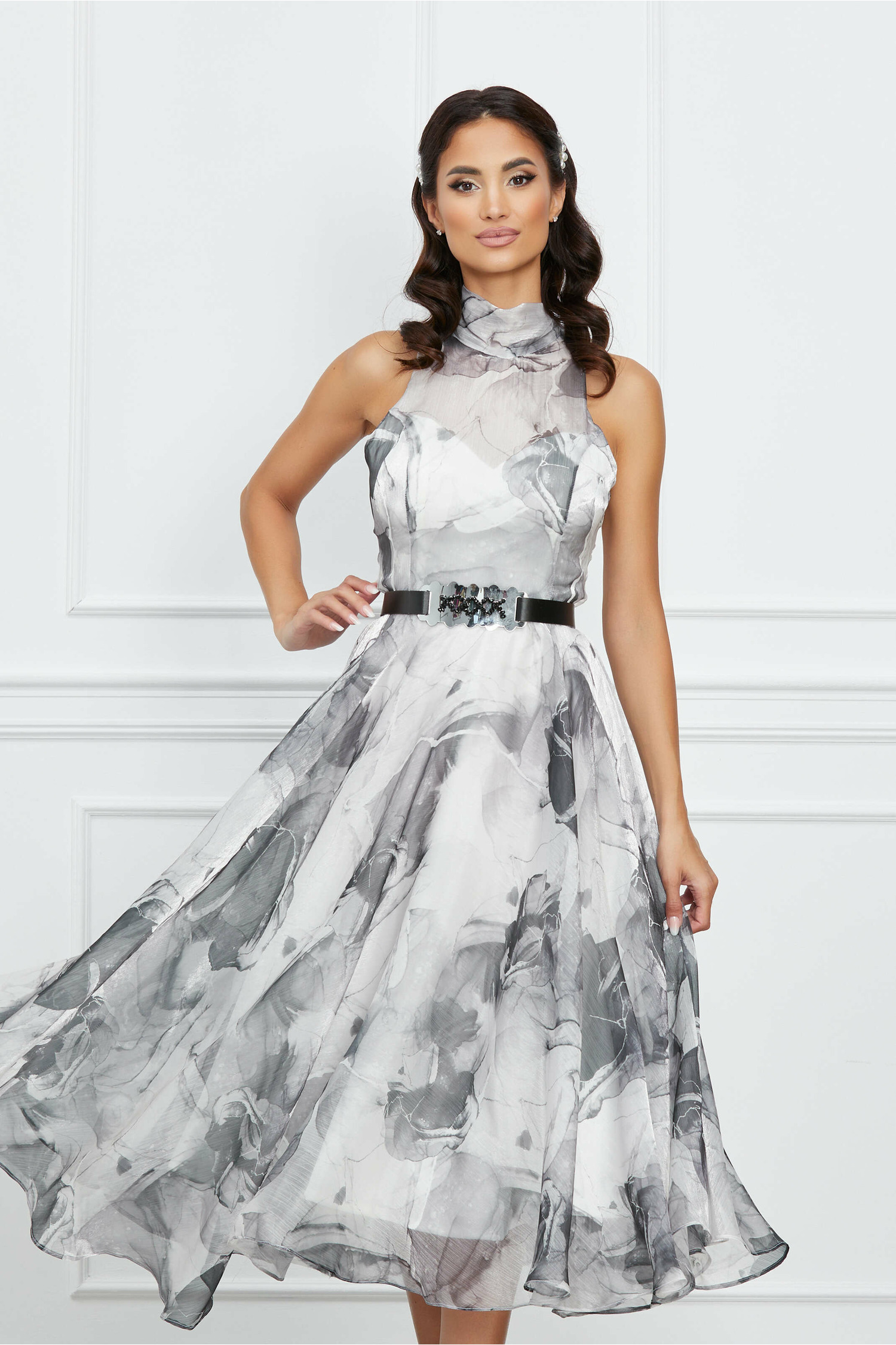 Rochie adina gri din organza cu imprimeuri Rochie adina gri din organza cu imprimeuri