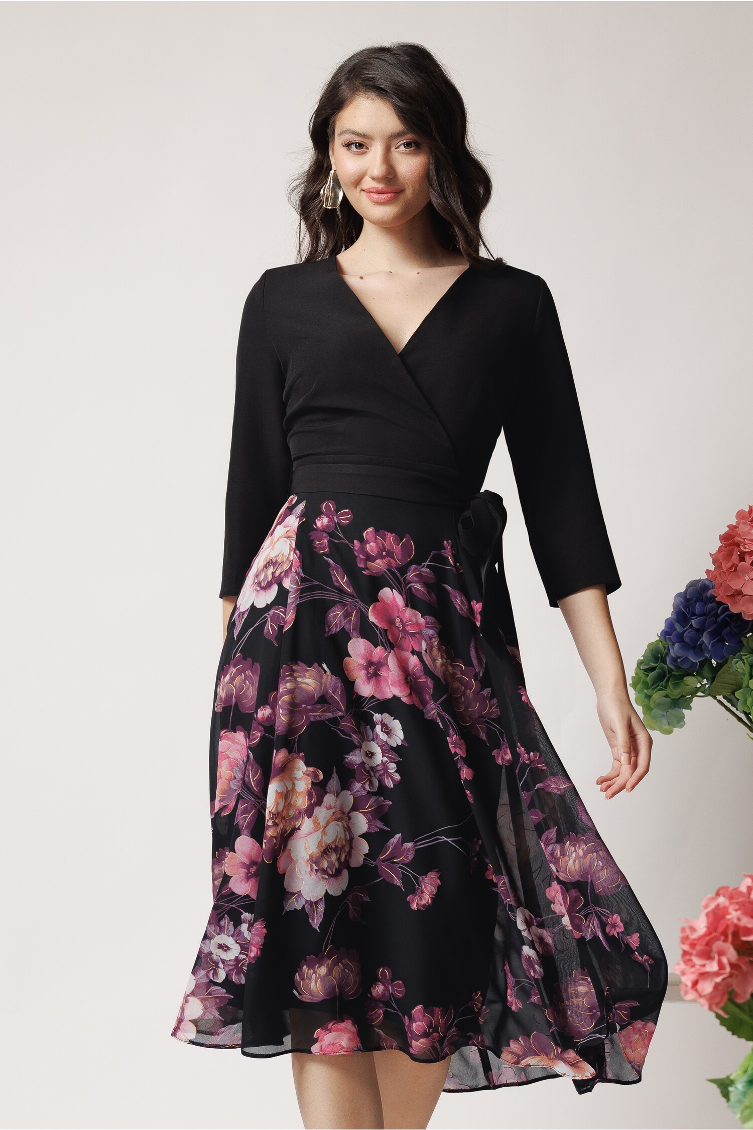 Rochie office neagră DY fashion cu imprimeu și voal Rochie office neagră DY fashion cu imprimeu și voal