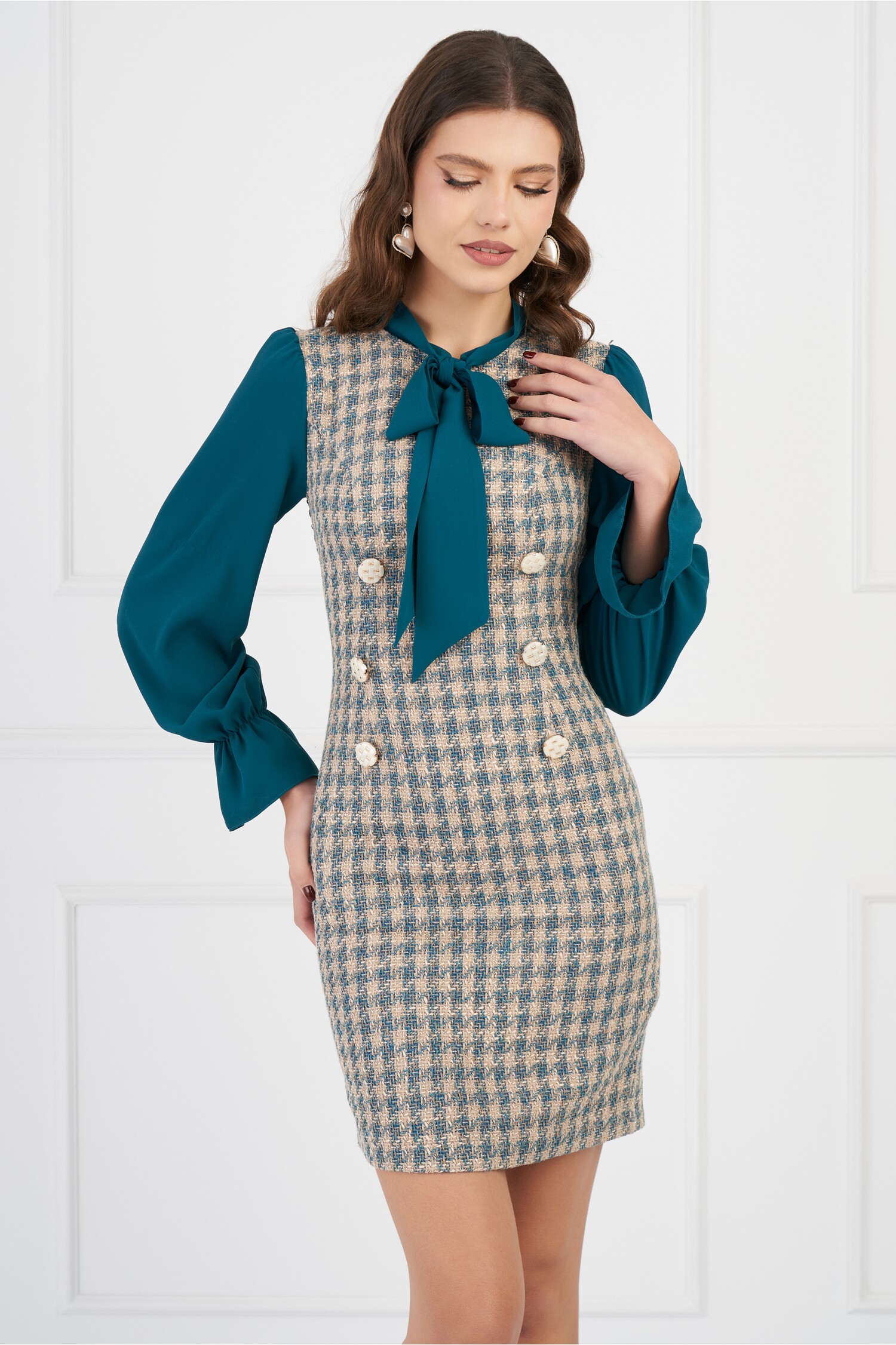 Rochie office DY fashion bej cu imprimeu și mâneci din voal Rochie office DY fashion bej cu imprimeu și mâneci din voal