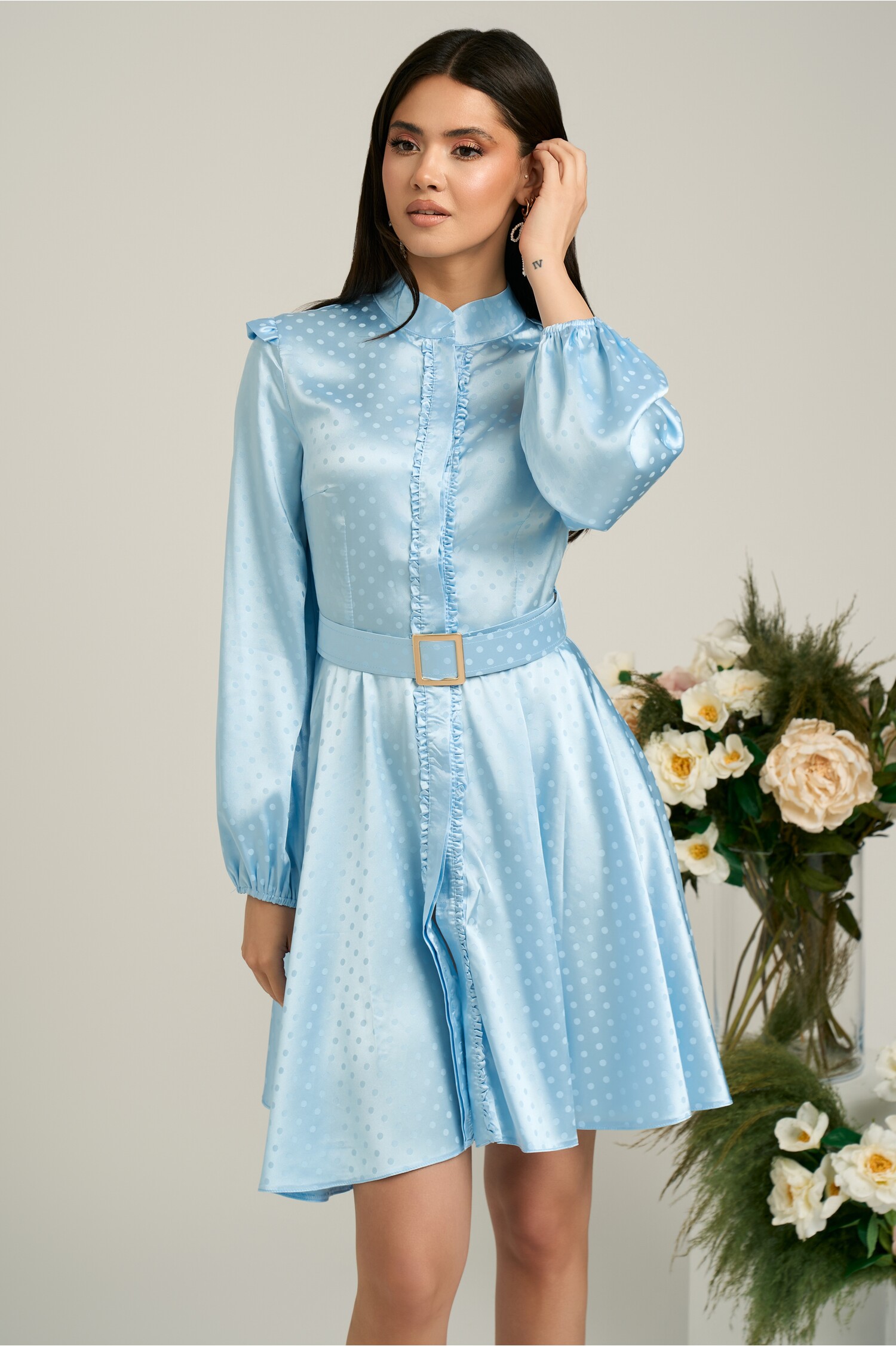 Rochie dy fashion bleu cu buline și curea în talie Rochie dy fashion bleu cu buline și curea în talie