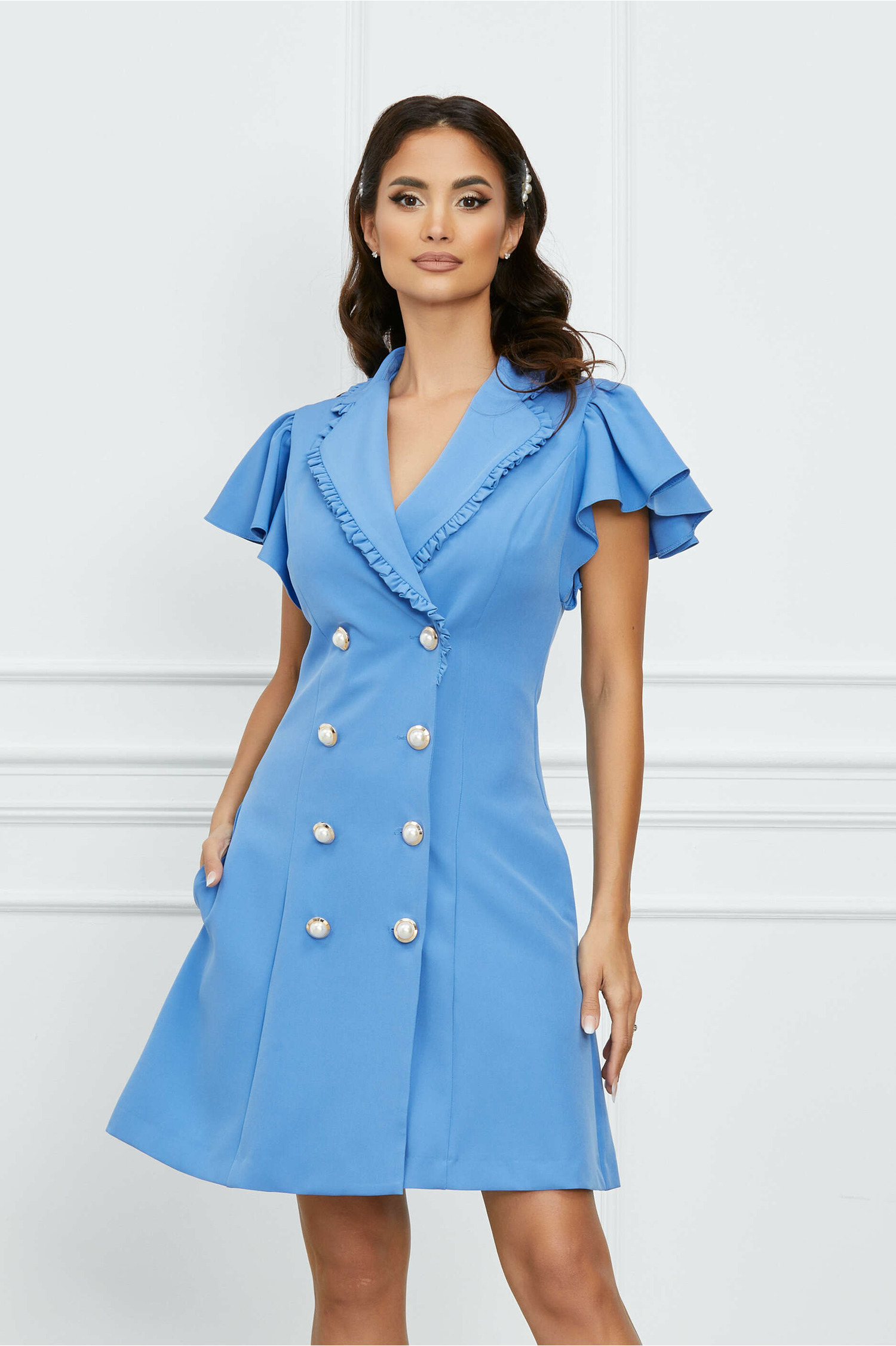 Rochie dy fashion bleu cu volănașe la bust, tip sacou Rochie dy fashion bleu cu volănașe la bust, tip sacou