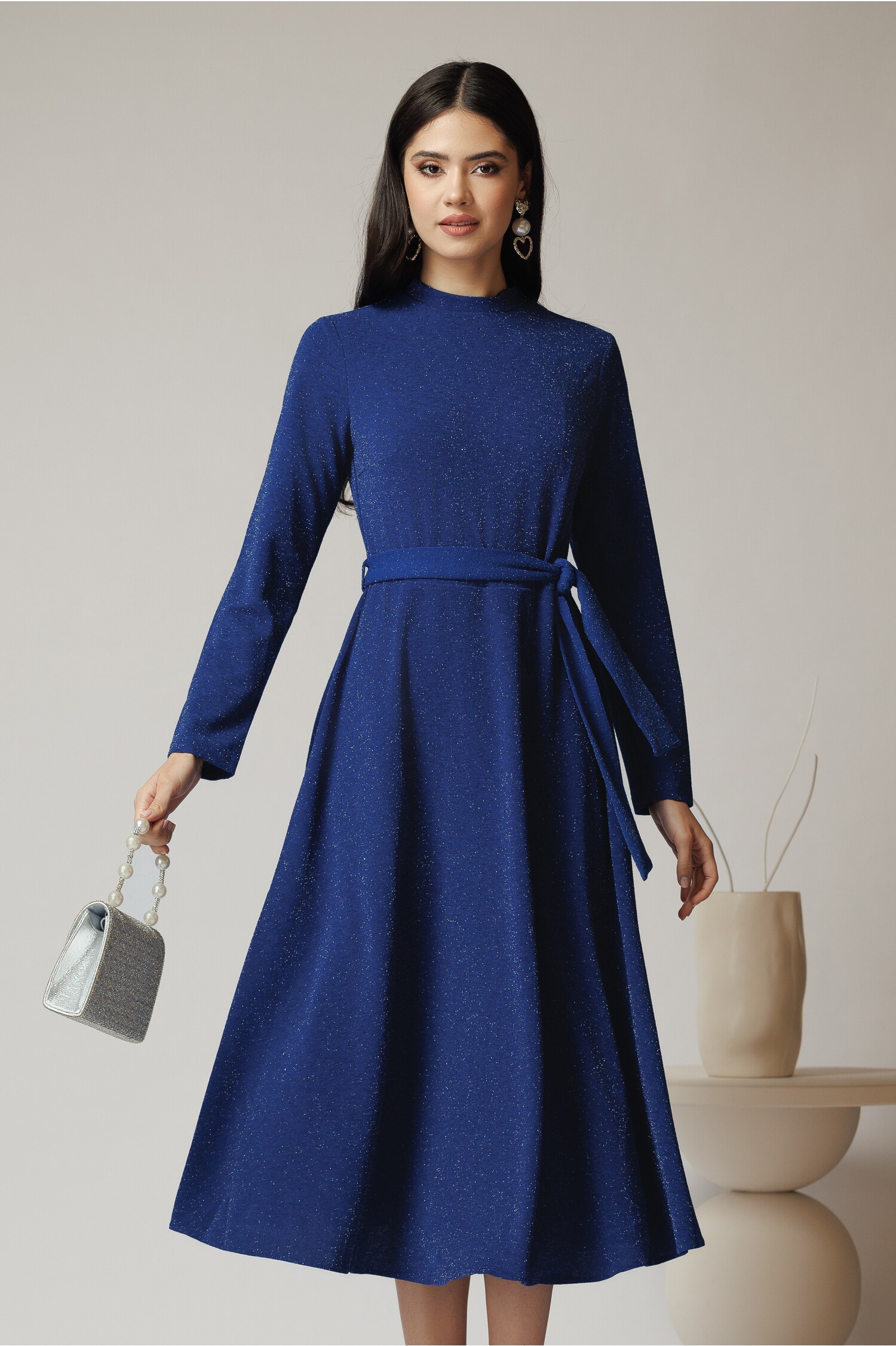 Rochie elegantă albastră DY fashion din lurex cu cordon în talie Rochie elegantă albastră DY fashion din lurex cu cordon în talie