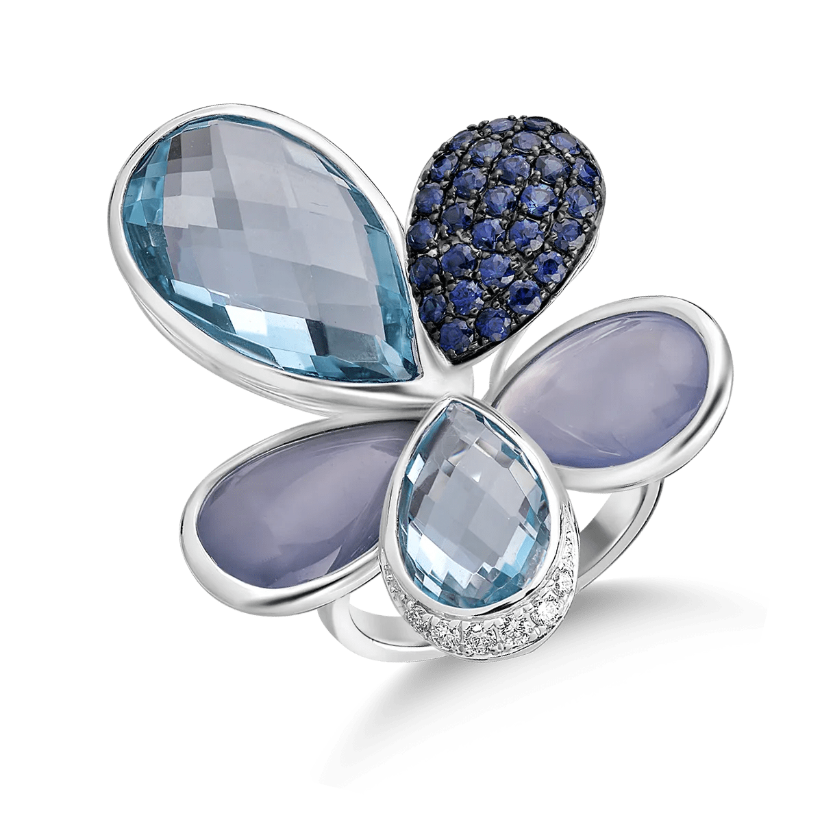 Inel floare din aur alb cu pietre prețioase și semiprețioase de 25.9ct Inel floare din aur alb cu pietre prețioase și semiprețioase de 25.9ct