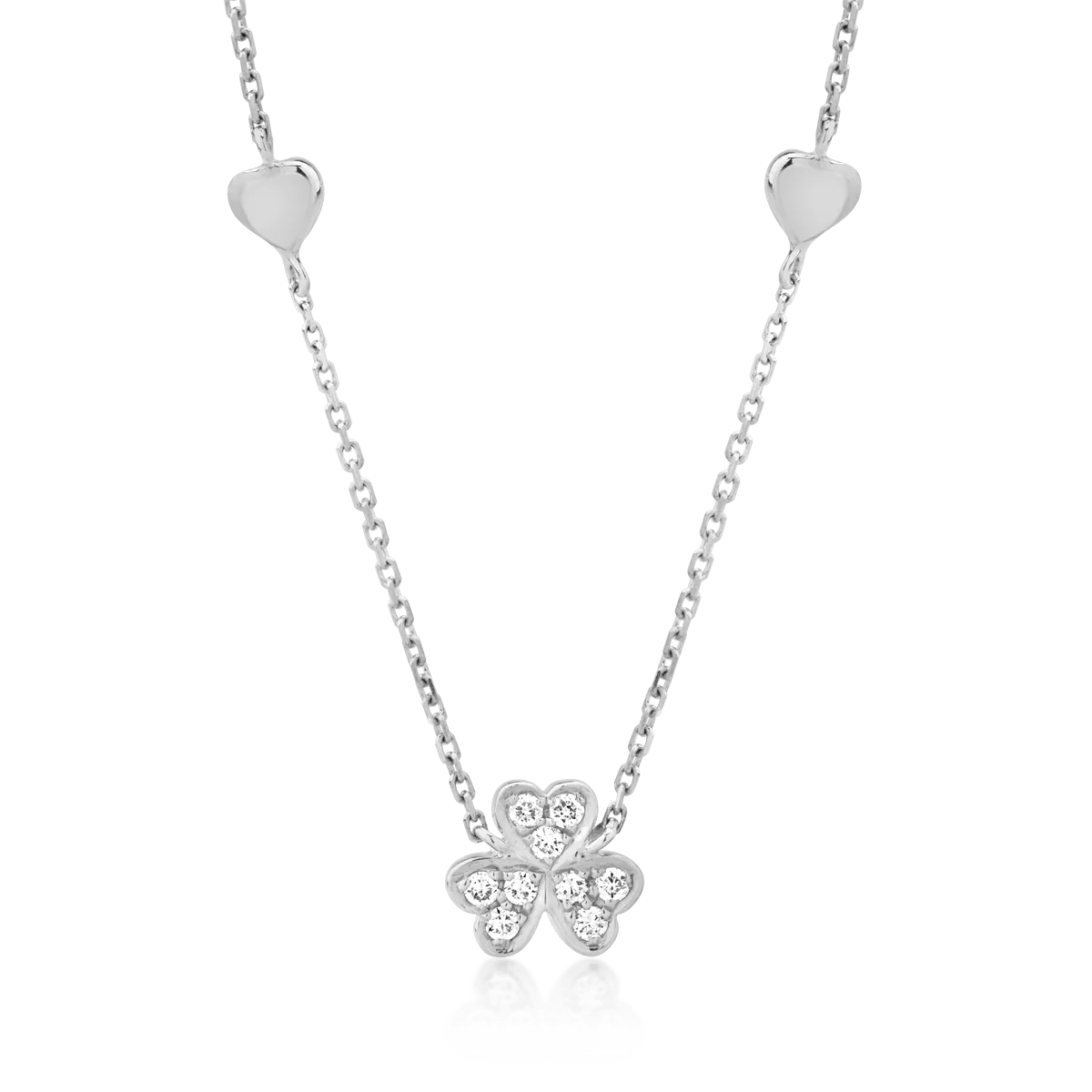 Colier cu trifoi și inimioare din aur alb cu diamante 0.061ct Colier cu trifoi și inimioare din aur alb cu diamante 0.061ct