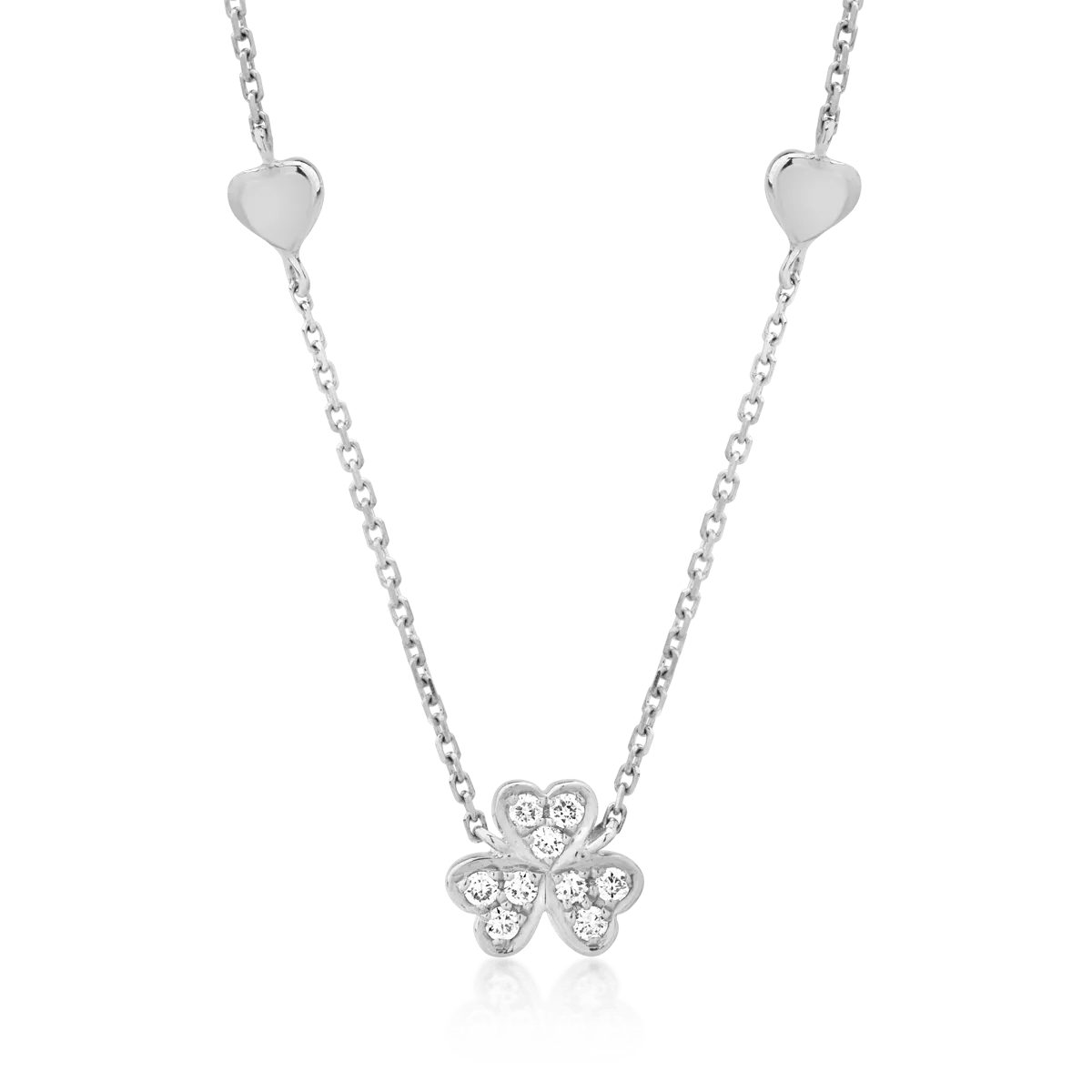 Colier cu trifoi și inimioare din aur alb cu diamante de 0.061ct – Teilor Colier cu trifoi și inimioare din aur alb cu diamante de 0.061ct – Teilor