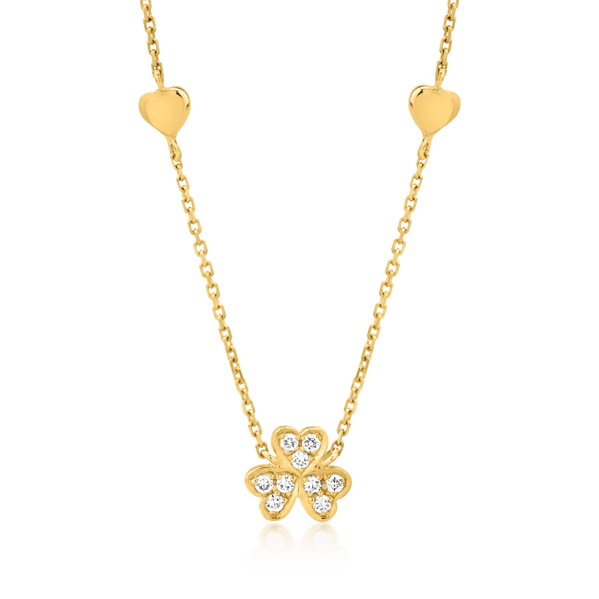 Colier din aur galben cu trifoi, inimioare și diamante de 0.062ct Colier din aur galben cu trifoi, inimioare și diamante de 0.062ct
