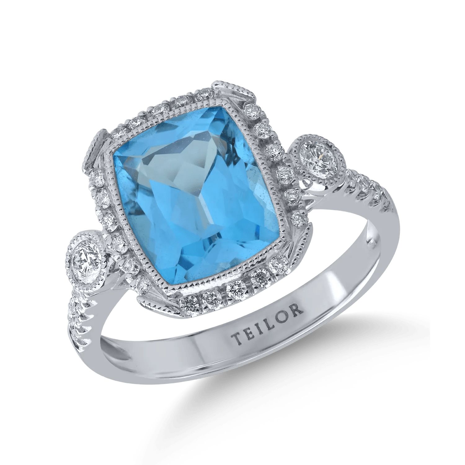 Inel din aur alb cu topaz cushion albastru de 4ct și diamante de 0.3ct Inel din aur alb cu topaz cushion albastru de 4ct și diamante de 0.3ct