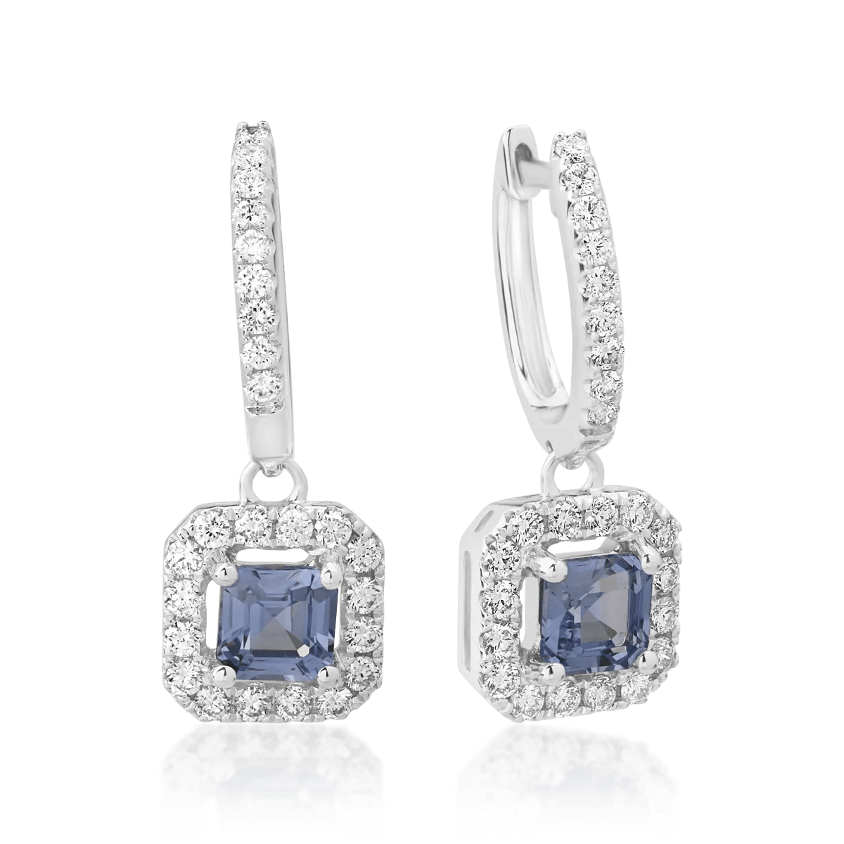 Cercei aur alb cu safire octogonale 1ct și diamante 0.5ct Cercei aur alb cu safire octogonale 1ct și diamante 0.5ct