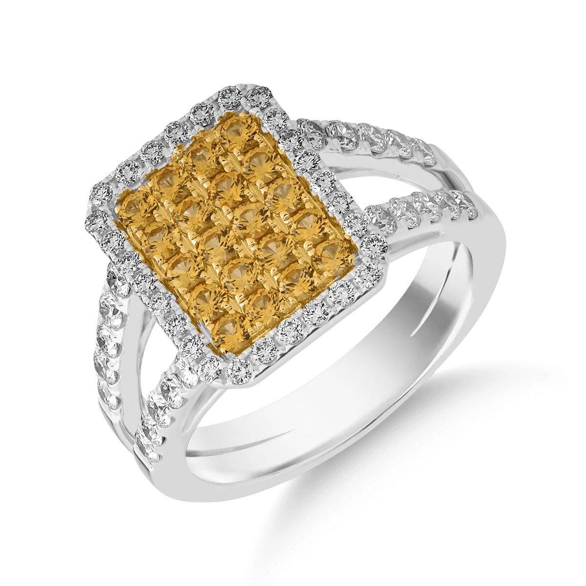 Inel din aur alb-galben cu safire galbene 0.67ct și diamante 0.69ct Inel din aur alb-galben cu safire galbene 0.67ct și diamante 0.69ct