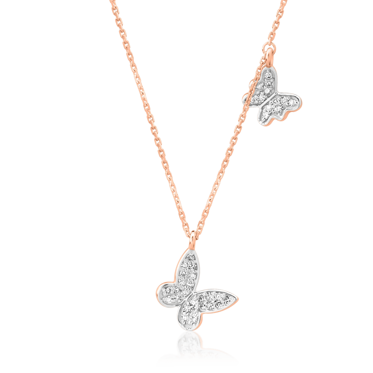 Lănțișor cu pandantive fluturi din aur roz-alb și diamante 0.1ct Lănțișor cu pandantive fluturi din aur roz-alb și diamante 0.1ct