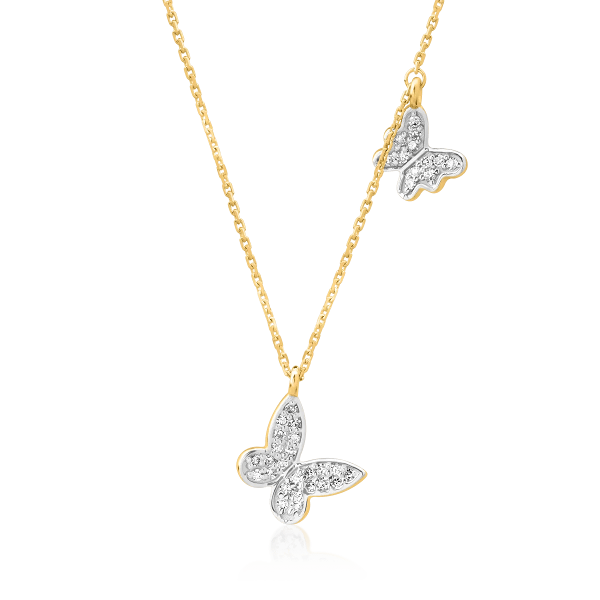 Lanț cu pandantive fluturi din aur alb-galben și diamante de 0.1ct Lanț cu pandantive fluturi din aur alb-galben și diamante de 0.1ct