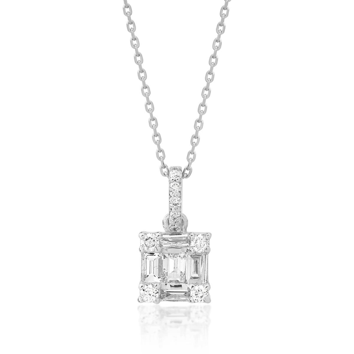 Lanț cu pandantiv din aur alb cu diamante baguette și rotunde de 0.15ct Lanț cu pandantiv din aur alb cu diamante baguette și rotunde de 0.15ct