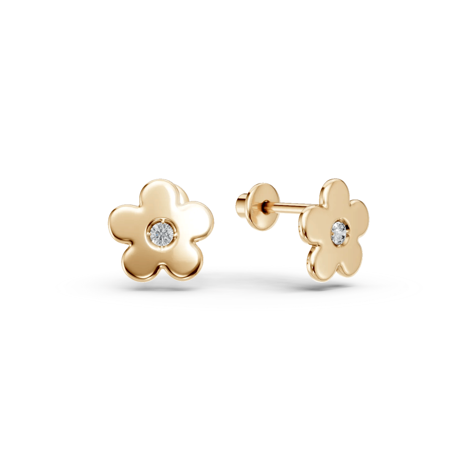Cercei din aur galben pentru copii cu floricele și diamante de 0.01ct – Teilor Cercei din aur galben pentru copii cu floricele și diamante de 0.01ct – Teilor