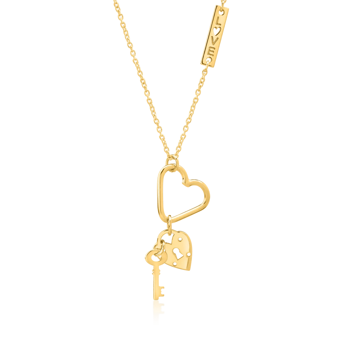 Lanț cu pandantive inimi, lăcățel și cheiță din aur galben Lanț cu pandantive inimi, lăcățel și cheiță din aur galben