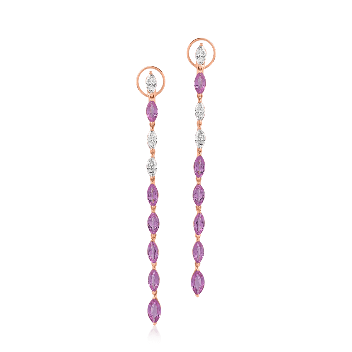 Cercei din aur roz cu safire roz de 7.34ct și diamante marquise de 1.78ct – Teilor Cercei din aur roz cu safire roz de 7.34ct și diamante marquise de 1.78ct – Teilor