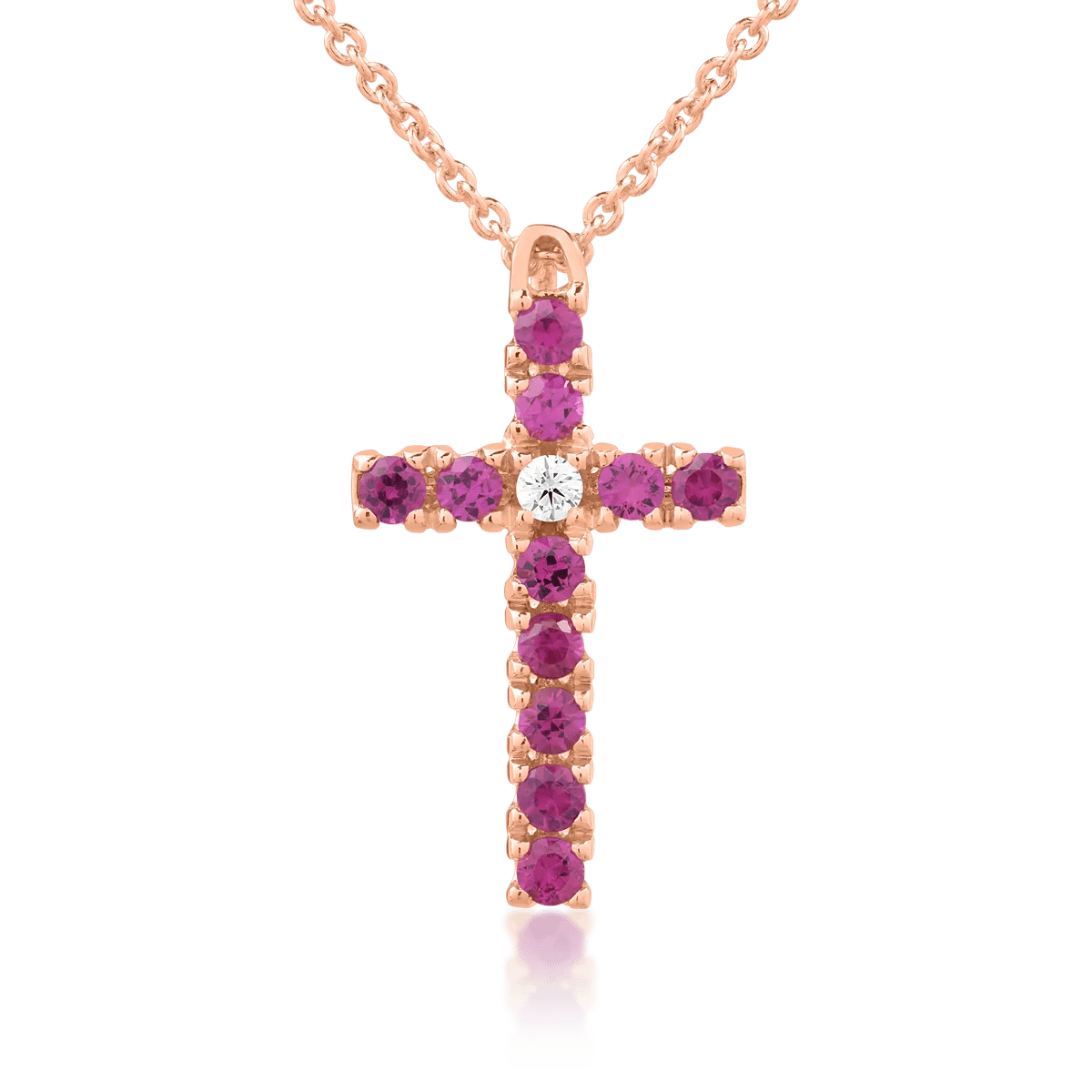 Lanț cu pandantiv cruce din aur roz cu diamant de 0.03ct și rubine de 0.4ct Lanț cu pandantiv cruce din aur roz cu diamant de 0.03ct și rubine de 0.4ct
