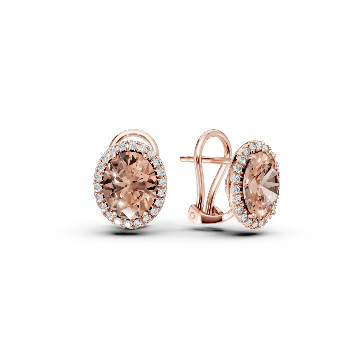 Cercei cu morganite ovale de 4ct și diamante de 0.33ct în aur roz Cercei cu morganite ovale de 4ct și diamante de 0.33ct în aur roz