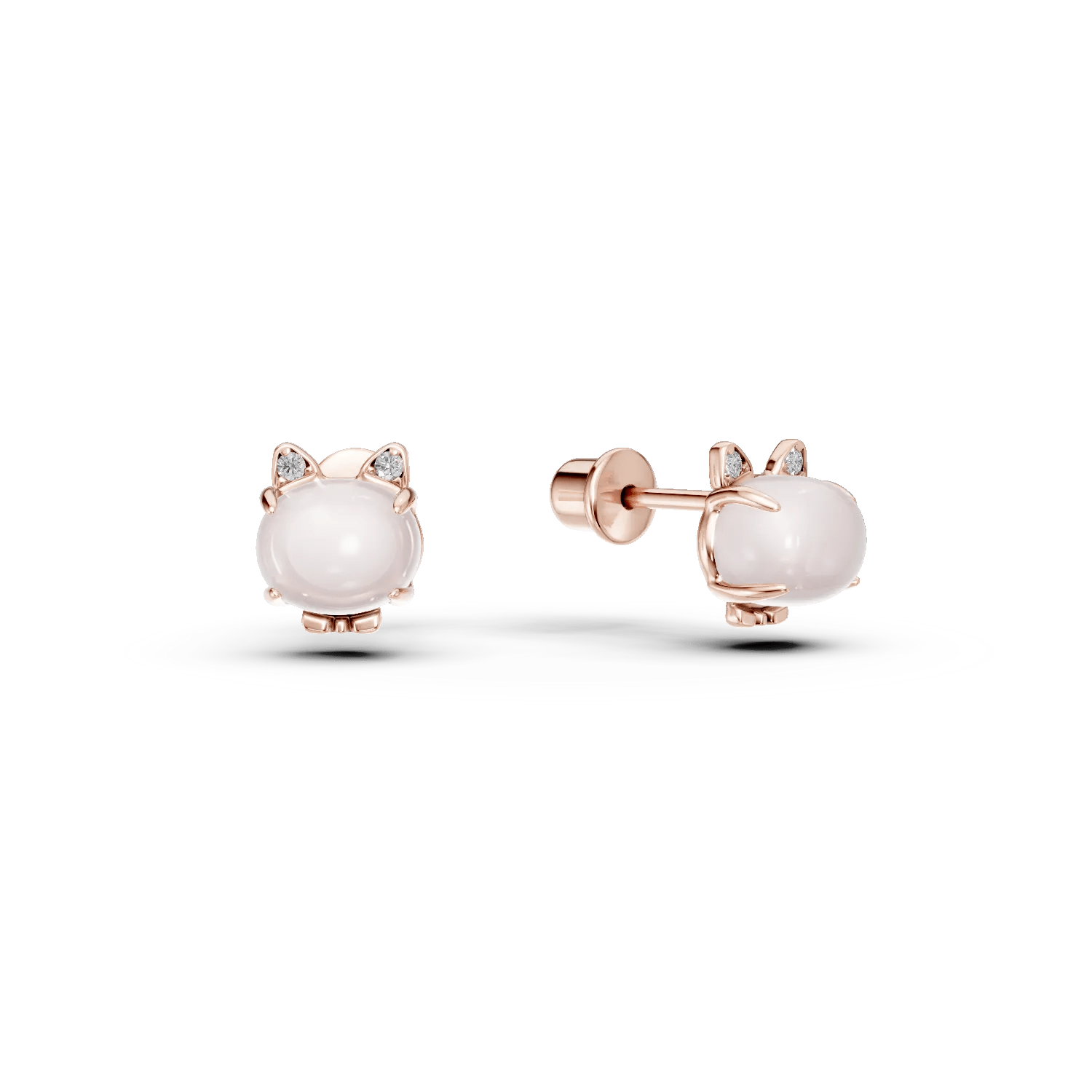 Cercei pisicuțe din aur roz cu quartz trandafiriu 0.97ct și diamante 0.012ct pentru copii Cercei pisicuțe din aur roz cu quartz trandafiriu 0.97ct și diamante 0.012ct pentru copii
