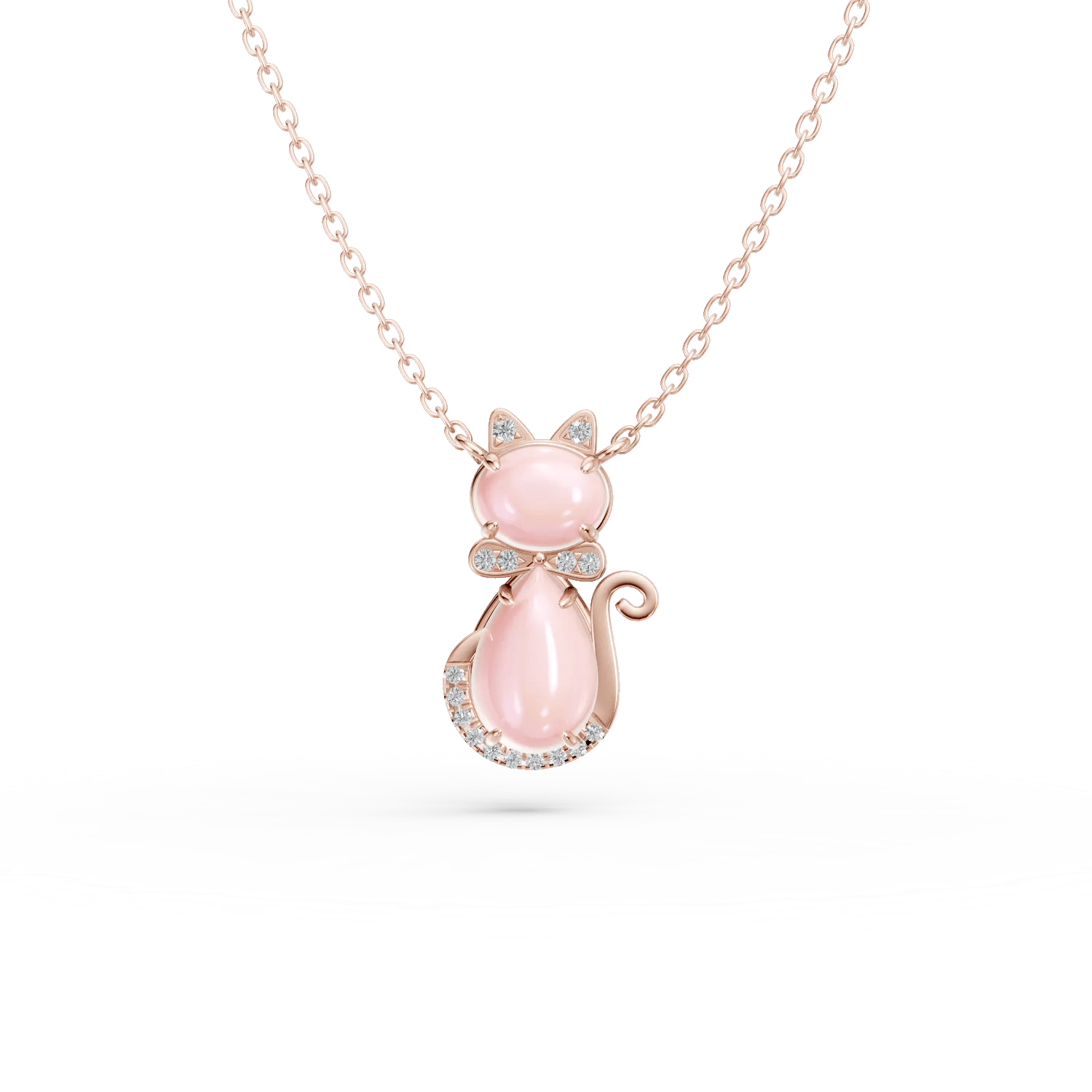 Lănțișor cu pandantiv pisicuță pentru copii din aur roz cu quartz trandafiriu de 1.3ct și diamante de 0.03ct Lănțișor cu pandantiv pisicuță pentru copii din aur roz cu quartz trandafiriu de 1.3ct și diamante de 0.03ct