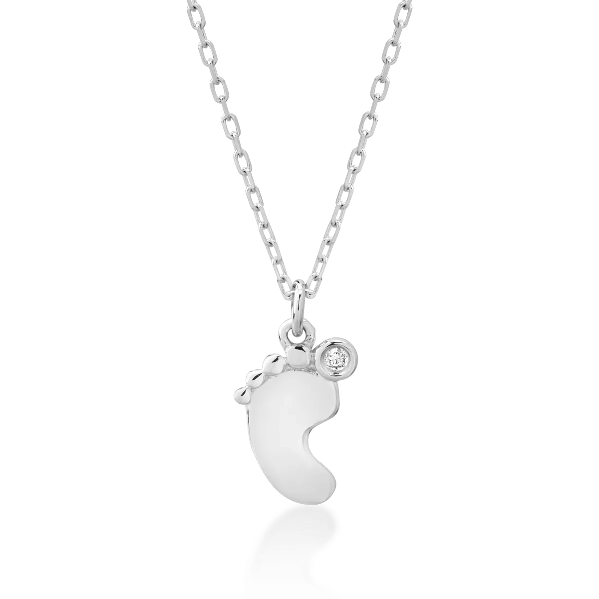 Lanț cu pandantiv pentru copii din aur alb cu diamant de 0.006ct Lanț cu pandantiv pentru copii din aur alb cu diamant de 0.006ct