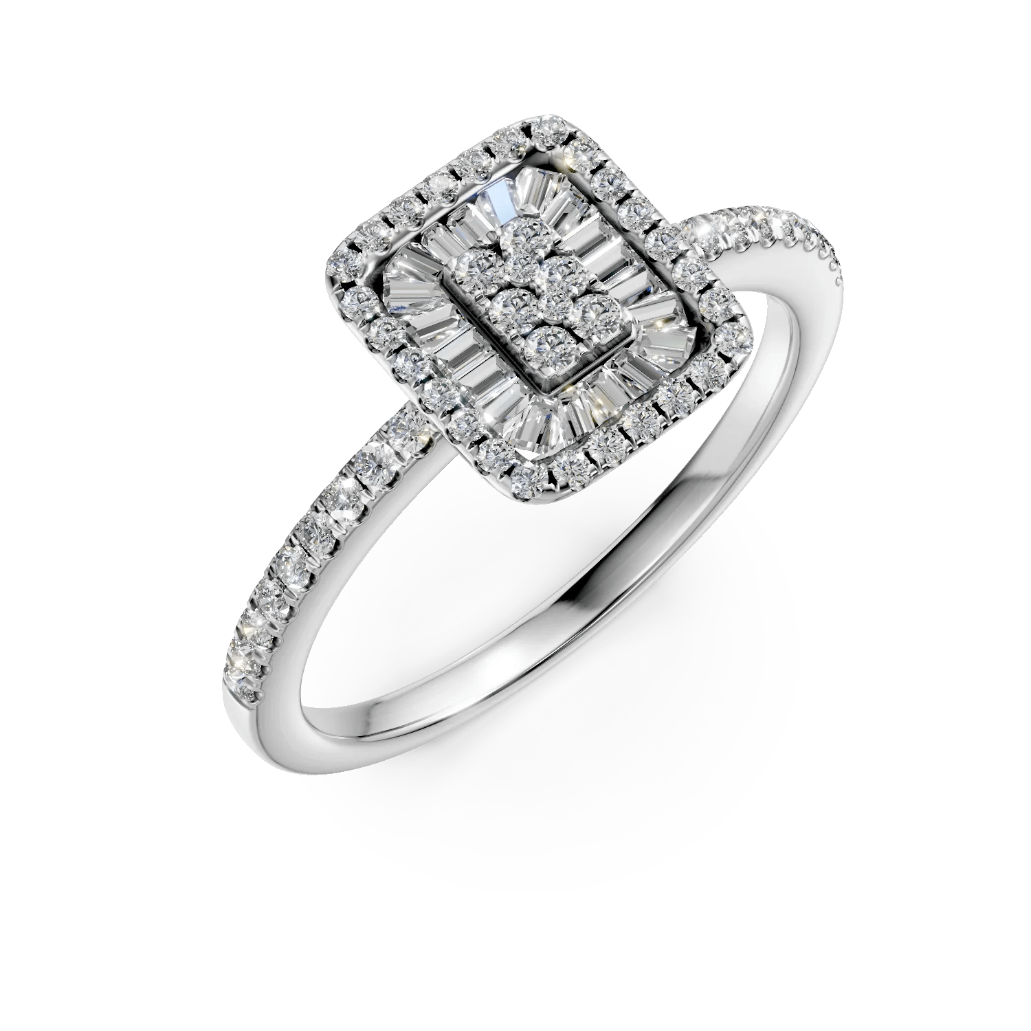 Inel de logodnă din aur alb cu diamante baguette și rotunde de 0.2ct Inel de logodnă din aur alb cu diamante baguette și rotunde de 0.2ct