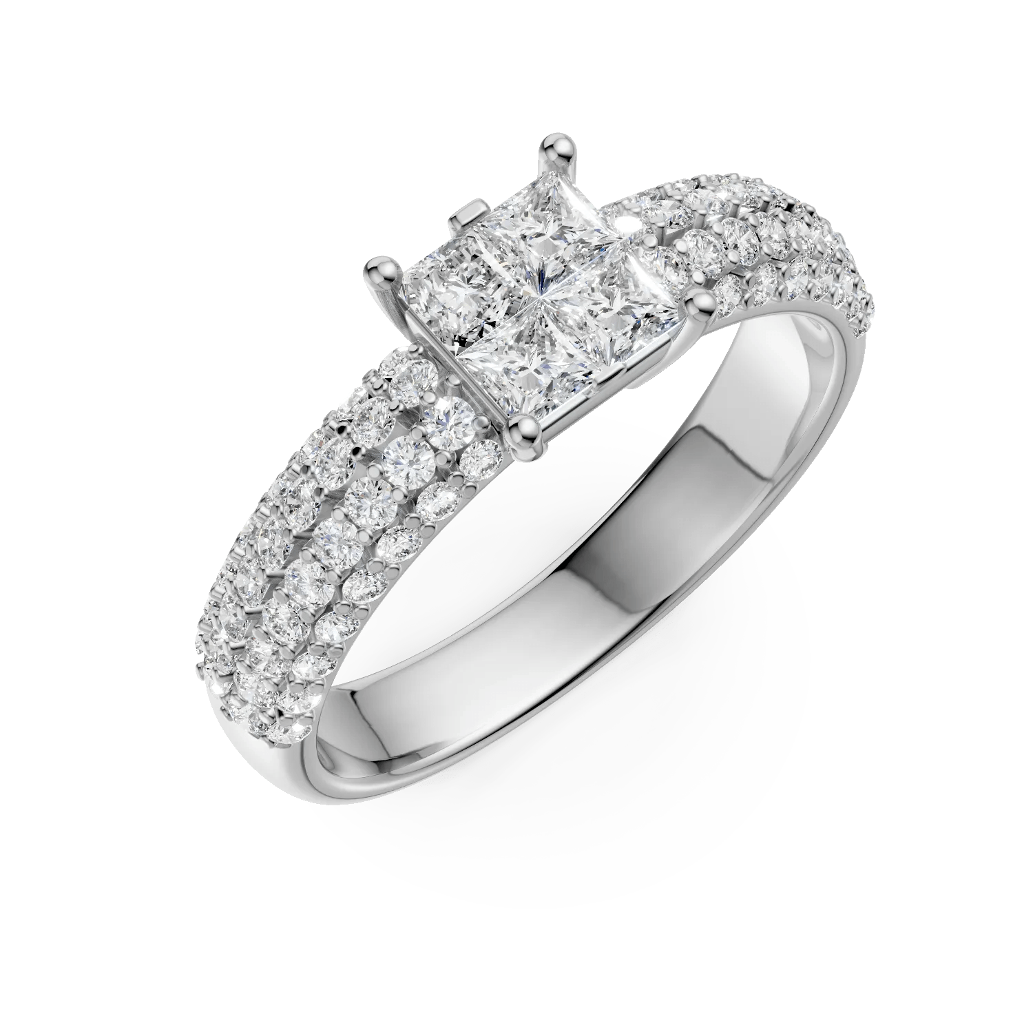 Inel de logodnă din aur alb cu diamante princess și rotunde de 0.9ct Inel de logodnă din aur alb cu diamante princess și rotunde de 0.9ct