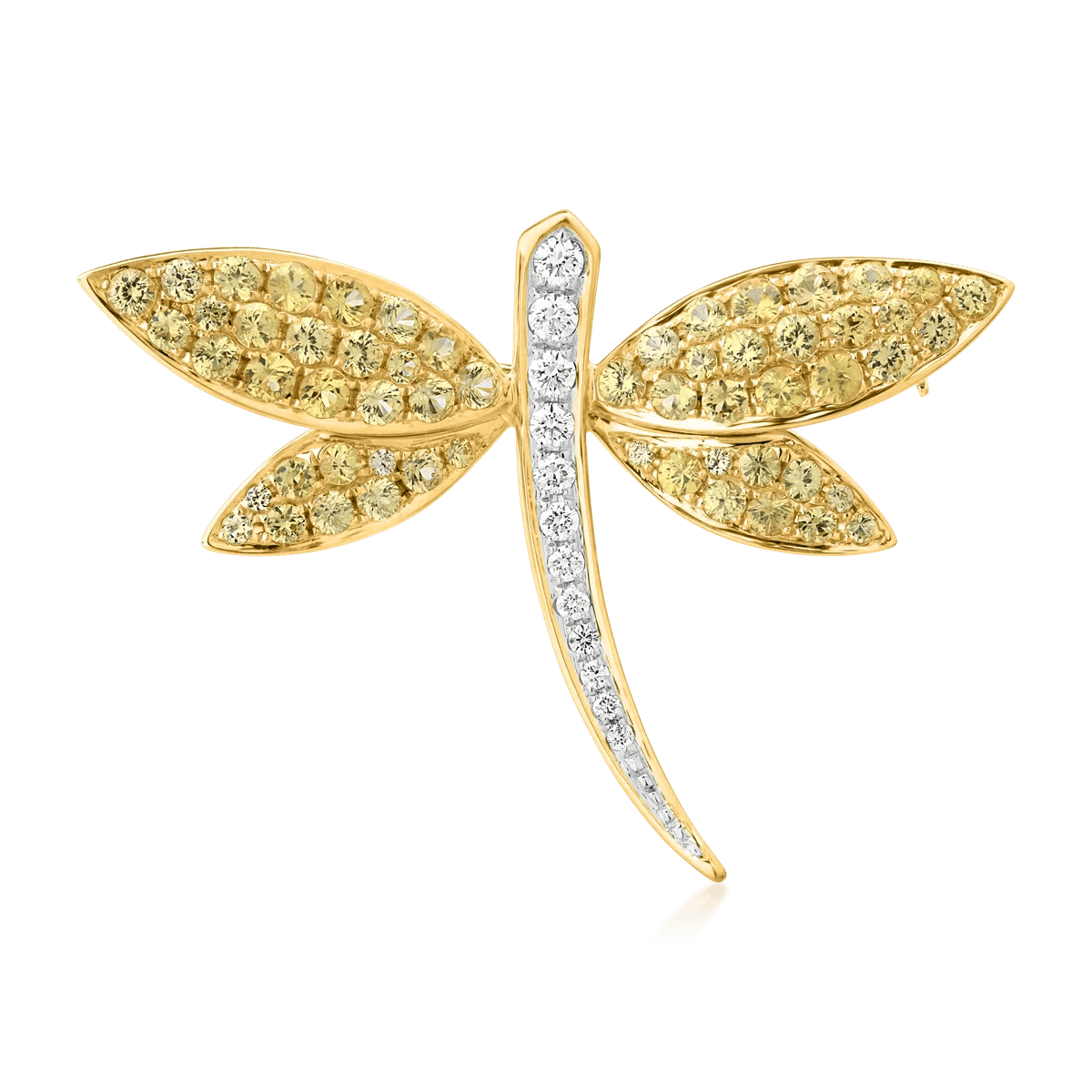 Broșă libelulă din aur alb-galben cu safire galbene de 1.72ct și diamante de 0.2ct Broșă libelulă din aur alb-galben cu safire galbene de 1.72ct și diamante de 0.2ct