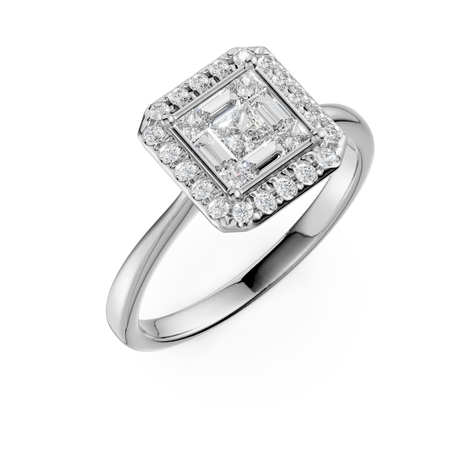 Inel de logodnă din aur alb cu diamante princess, baguette și rotunde 0.4ct Inel de logodnă din aur alb cu diamante princess, baguette și rotunde 0.4ct