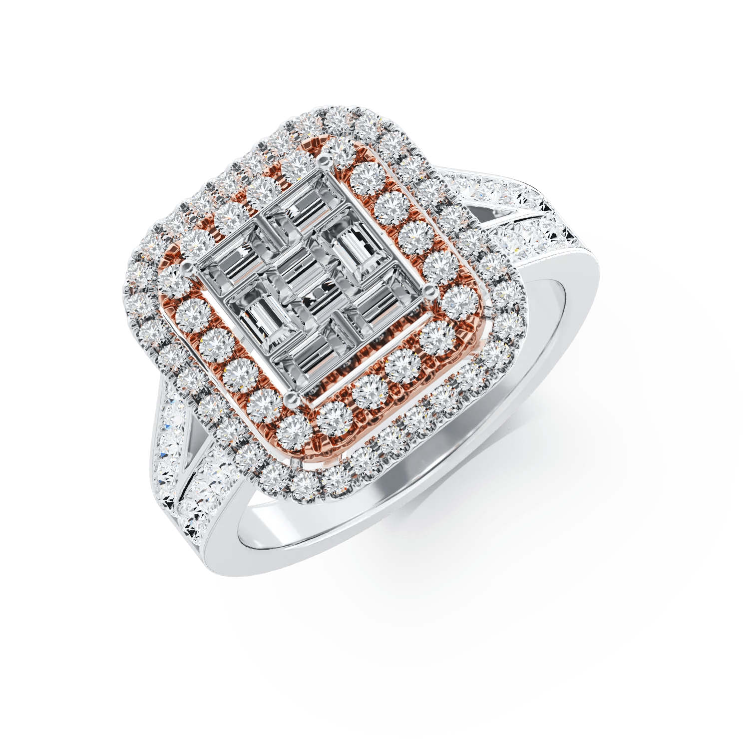 Inel de logodnă din aur alb-roz cu diamante baguette și rotunde 0.8ct Inel de logodnă din aur alb-roz cu diamante baguette și rotunde 0.8ct