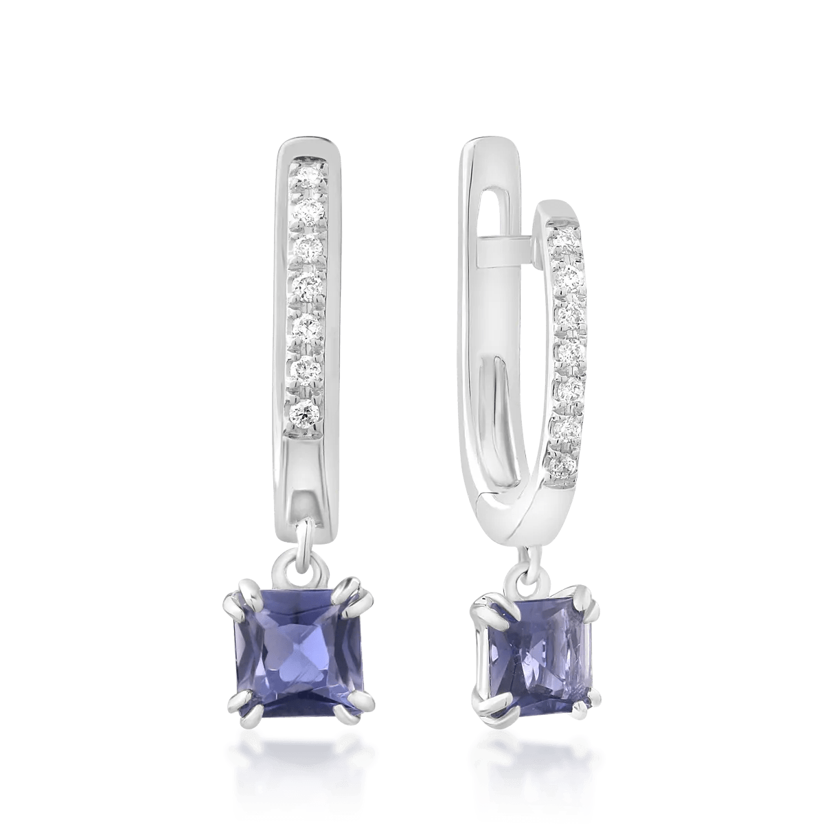 Cercei din aur alb cu iolite princess de 0.55ct și diamante de 0.06ct Cercei din aur alb cu iolite princess de 0.55ct și diamante de 0.06ct