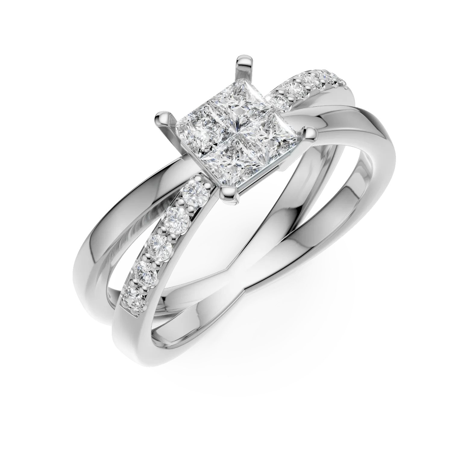 Inel de logodnă din aur alb cu diamante princess 0.37ct și diamante 0.09ct Inel de logodnă din aur alb cu diamante princess 0.37ct și diamante 0.09ct