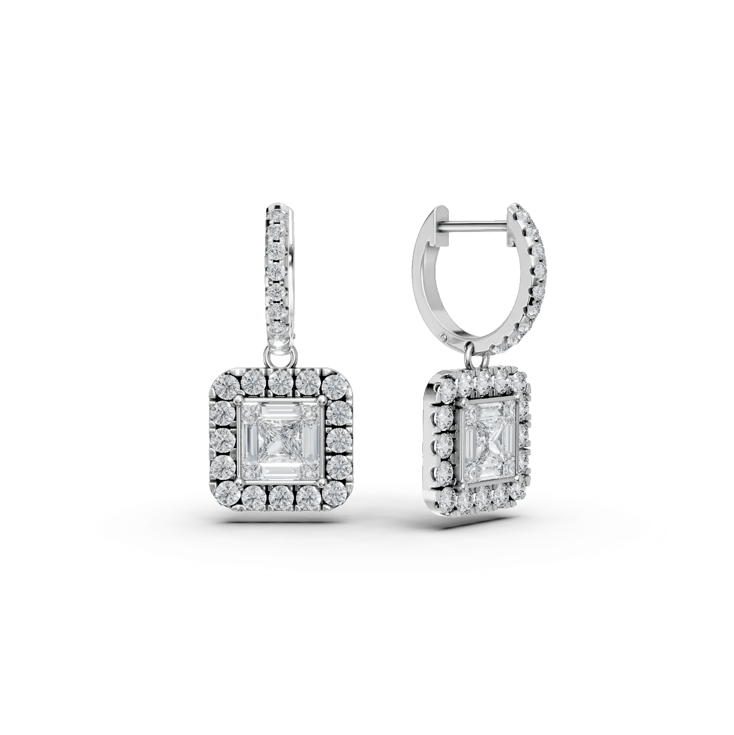 Cercei aur alb cu diamante princess, baguette și rotunde 1.35ct Cercei aur alb cu diamante princess, baguette și rotunde 1.35ct