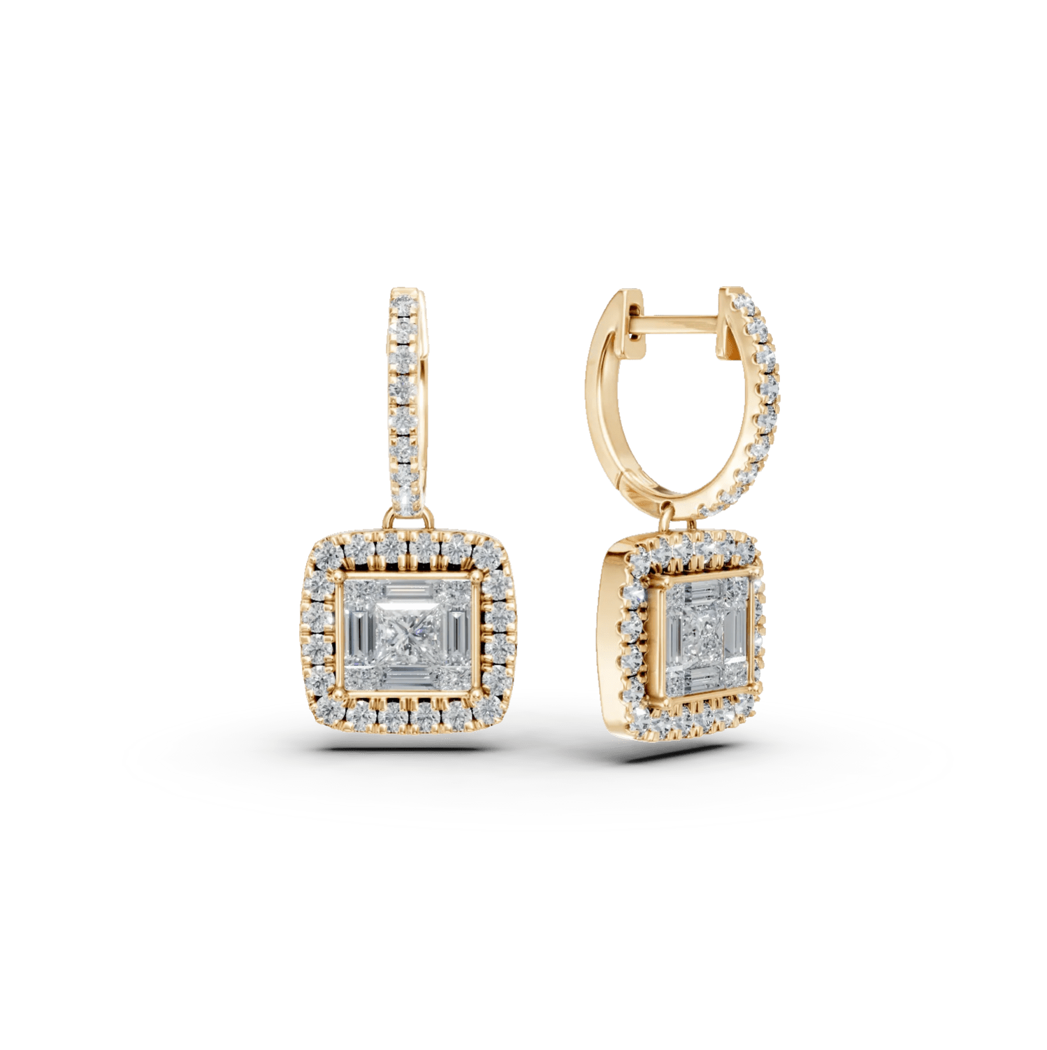 Cercei aur galben cu diamante princess, baguette și rotunde 1.36ct Cercei aur galben cu diamante princess, baguette și rotunde 1.36ct